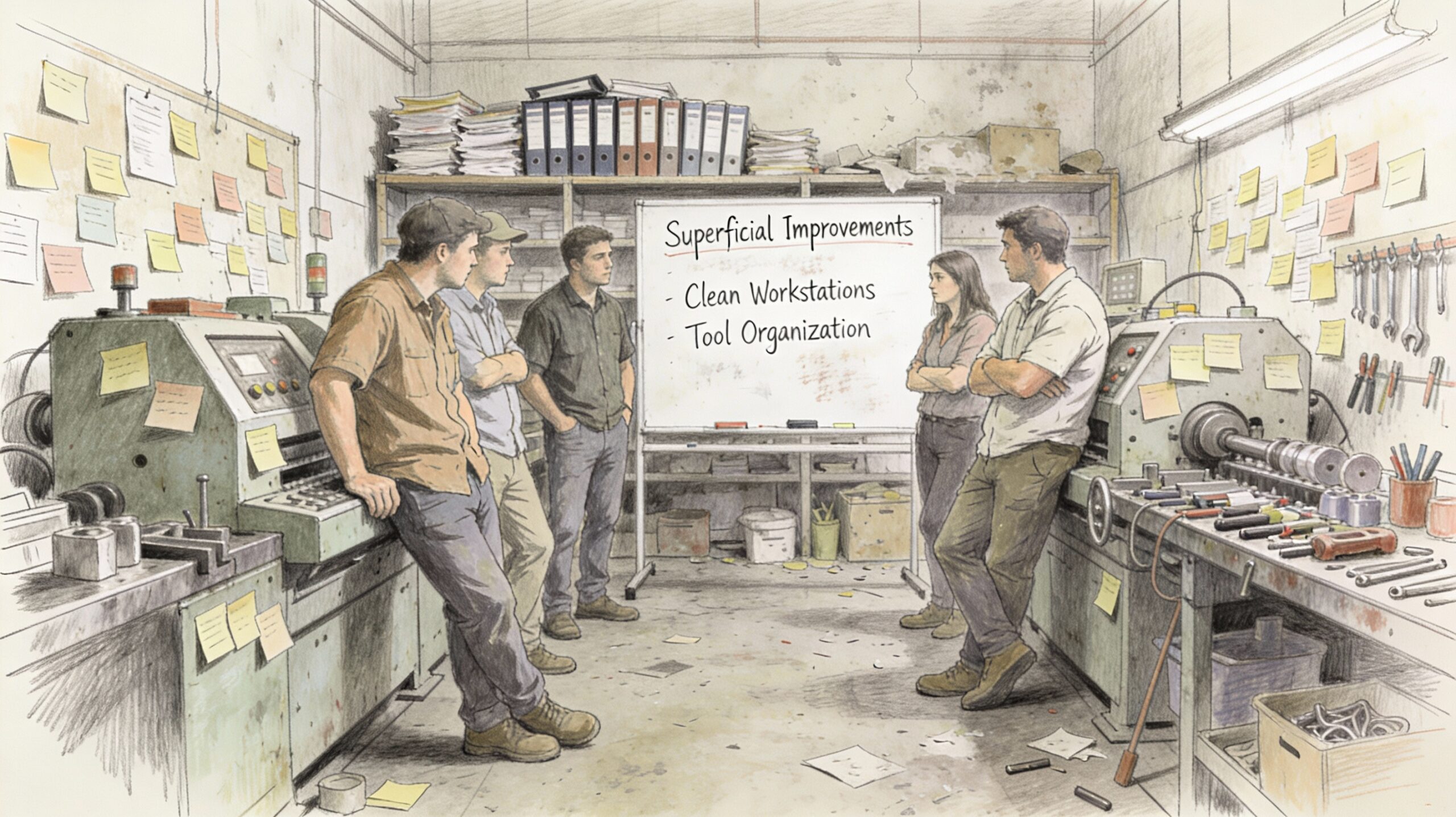 A rough pencil sketch depicting a cluttered shop floor during a failed Kaizen workshop, with sticky notes scattered across machines and walls, a whiteboard showing faded improvement lists, dusty binders on shelves, and disengaged workers as production chaos resumes. 12-step Kaizen workshop