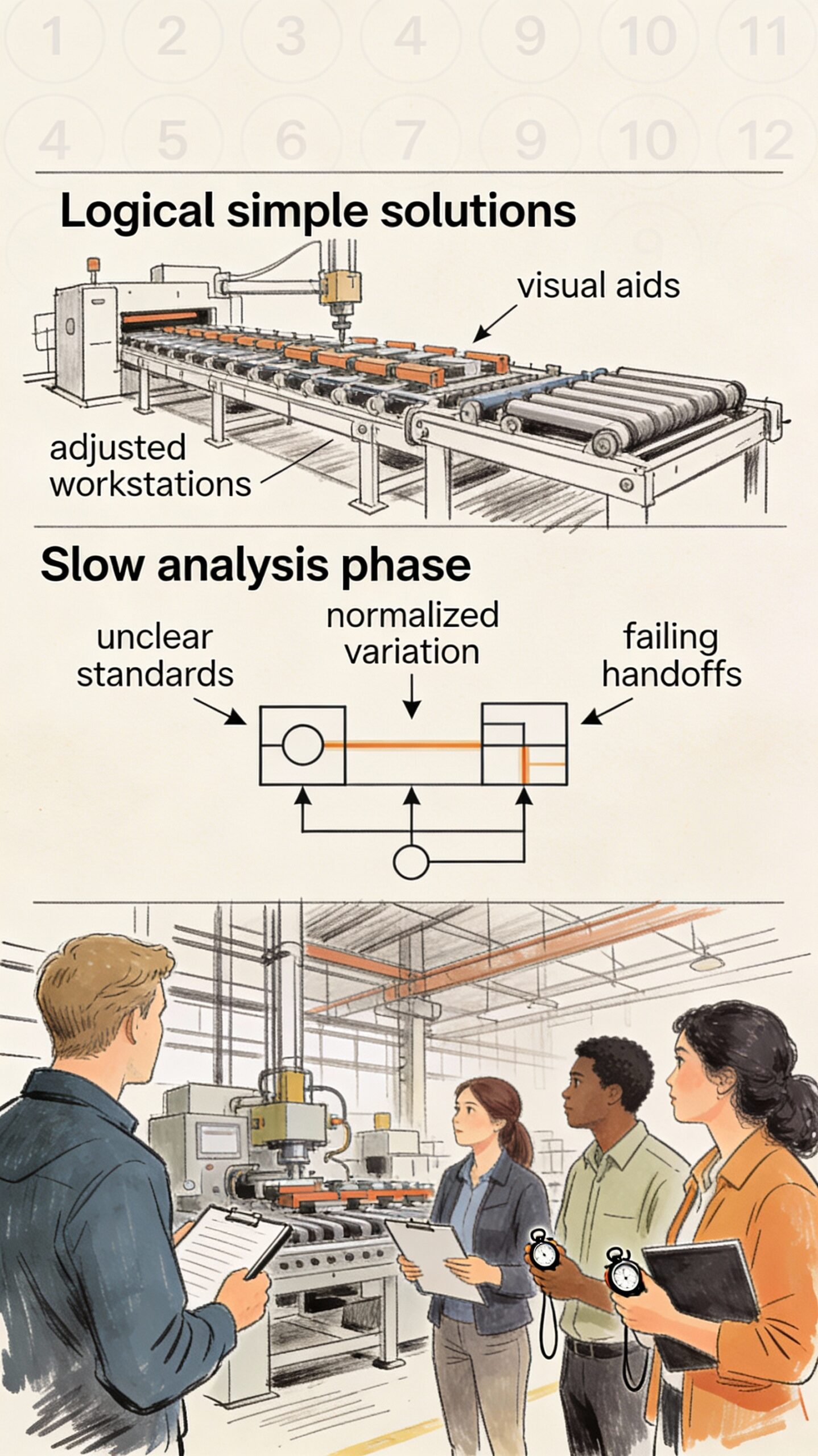 A hand-drawn vertical sketch showing the 12-step Kaizen process, from bottom observation of shop floor with team using notepads, through middle analysis of unclear standards and failing handoffs via diagrams, to top simple solutions like adjusted workstations, set against an industrial backdrop with faint step numbers. 12-step Kaizen workshop