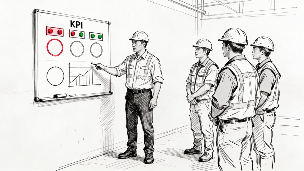 This image showcases a simple black-and-white line sketch of a factory shop floor huddle: a leader in safety gear points to a KPI whiteboard with red and green indicators, surrounded by three operators standing attentively in a semicircle, conveying calm daily management discipline. Leader Standard Work: The Backbone of Daily Management.