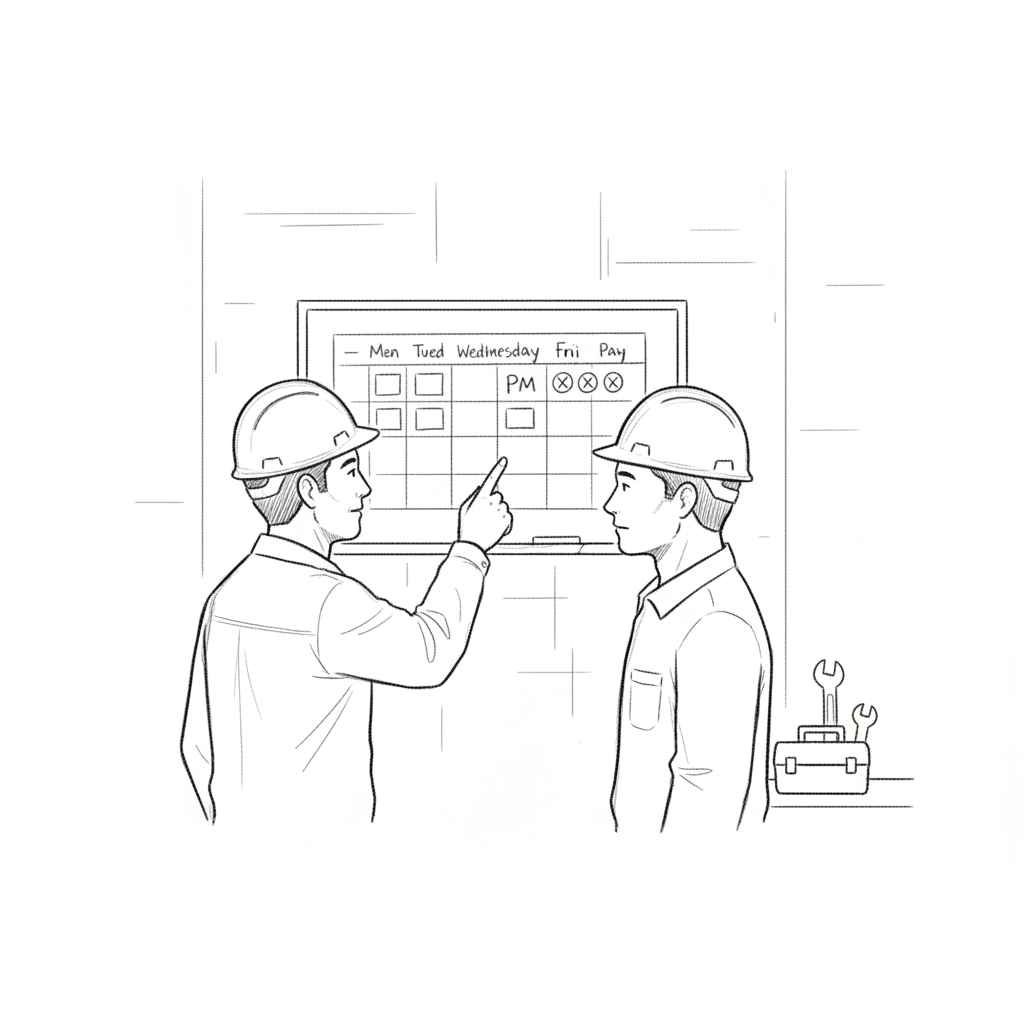 A black-and-white line sketch of a maintenance area: a leader and technician review a planning board with PM tasks and repeat failure icons, standing side-by-side near tools, illustrating quiet discipline and early issue handling in manufacturing. Leader Standard Work: The Backbone of Daily Management.