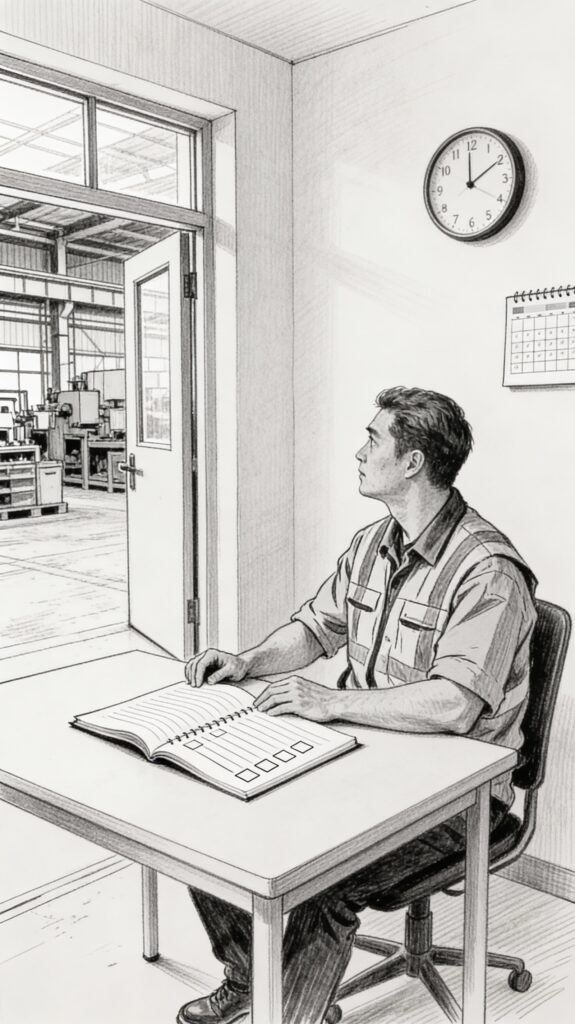 A black-and-white line sketch portraying a plant leader seated at a desk off the shop floor, reviewing an open Leader Standard Work checklist notebook with simple boxes, near a clock and calendar, suggesting reflective routine and leadership stability. Leader Standard Work: The Backbone of Daily Management.