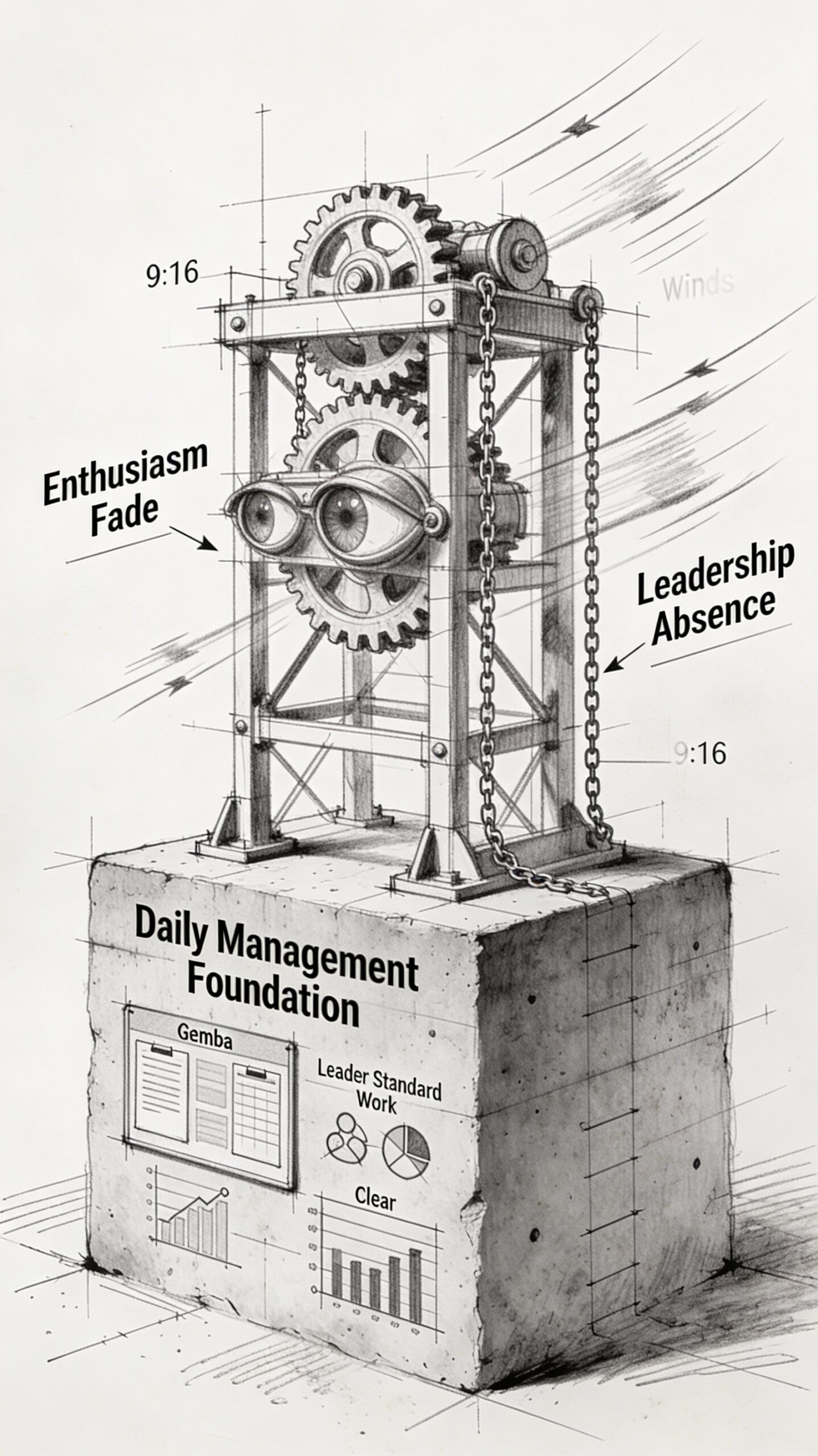 A black-and-white blueprint-style vertical sketch illustrating Kaizen as a pressure test, featuring a solid Daily Management foundation with Gemba boards and metrics supporting a workshop structure of gears, observation elements, and discipline chains resisting winds labeled 'Enthusiasm Fade' and 'Leadership Absence'. 12-step Kaizen workshop