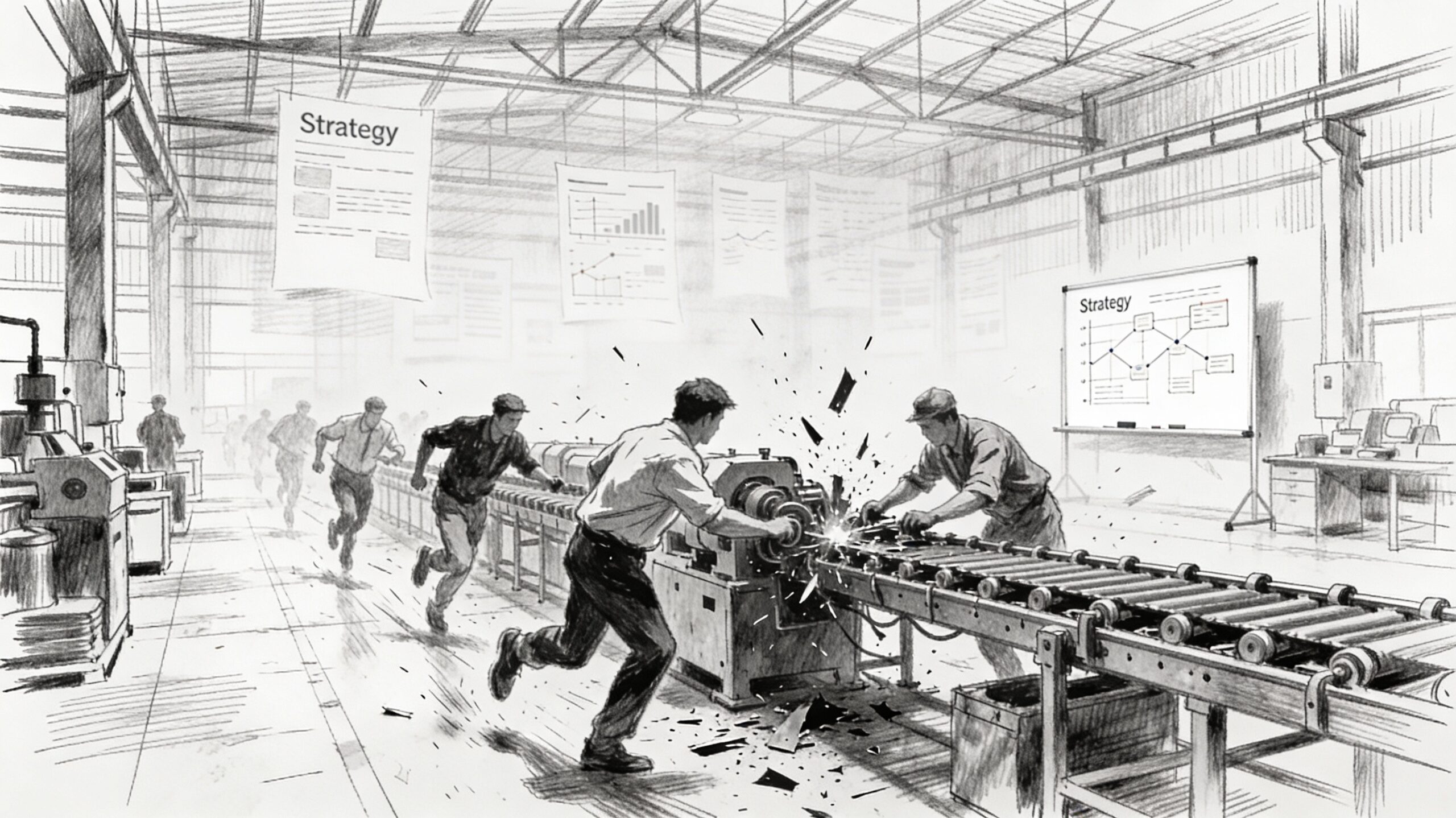 Black and white pencil sketch in landscape format showing a chaotic factory floor: workers urgently repair a broken production line in the foreground with tools and motion lines, while strategic plans on a distant whiteboard fade into ghostly outlines, symbolizing strategy disappearing amid daily disruptions. Cross-hatching adds depth to machines and urgency. Daily Management, Where Strategy Lives Every Day.