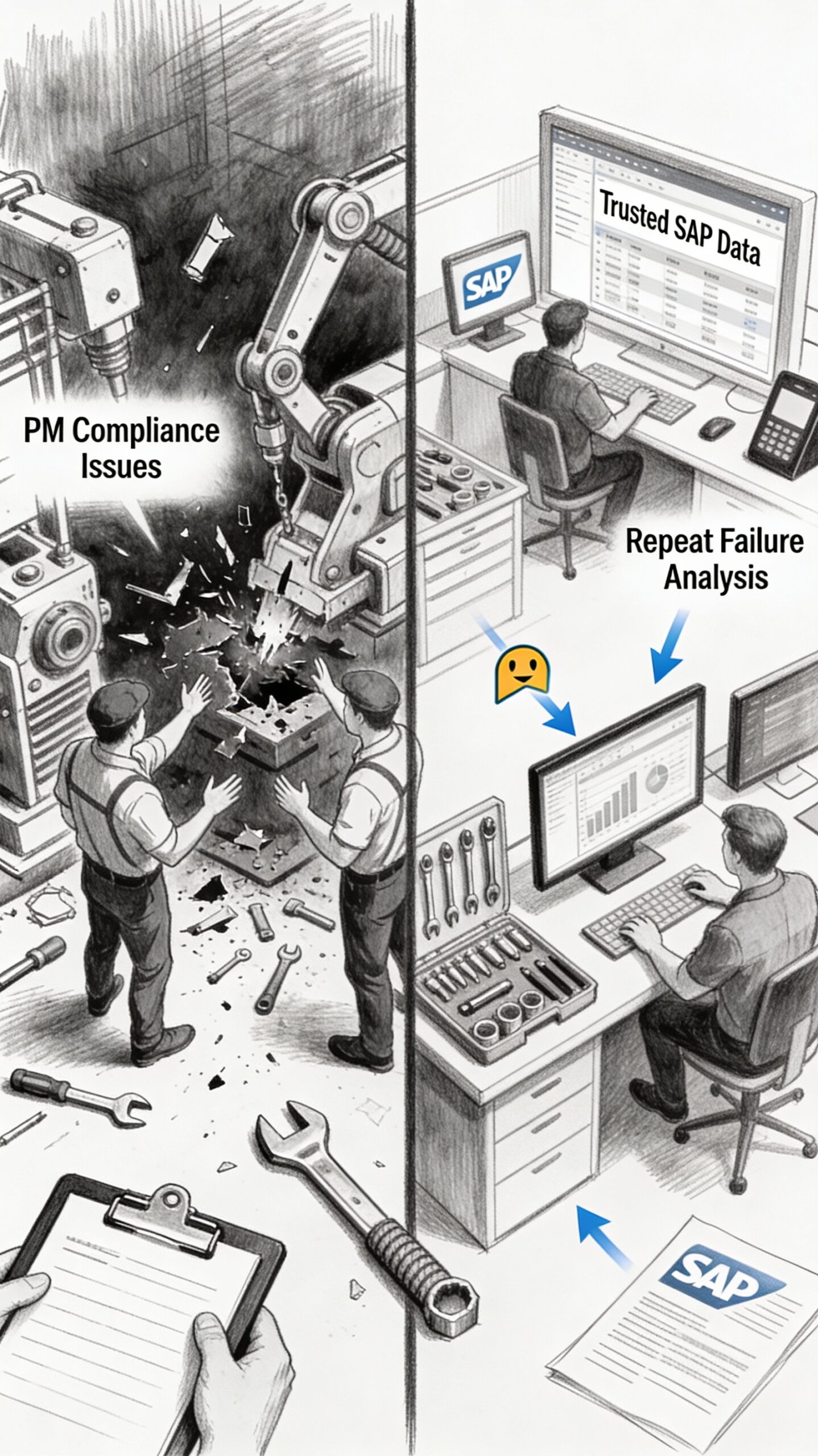 Black and white vertical pencil sketch contrasting maintenance practices, split by a central divide: left side depicts reactive chaos with breakdowns, arguing workers, and ignored PM schedules; right side shows structured daily management with trusted SAP data flows, notifications, and learning from failures. Cross-hatching textures tools and machines.