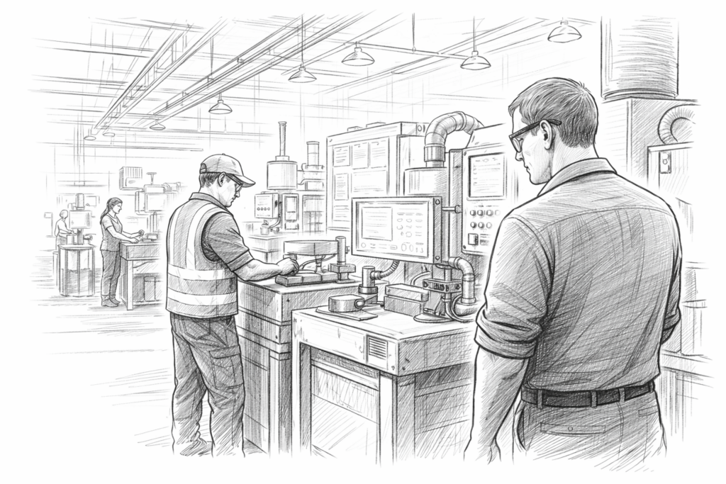 Manufacturing team working steadily on the shop floor while a leader observes the process, reflecting consistent Gemba leadership.