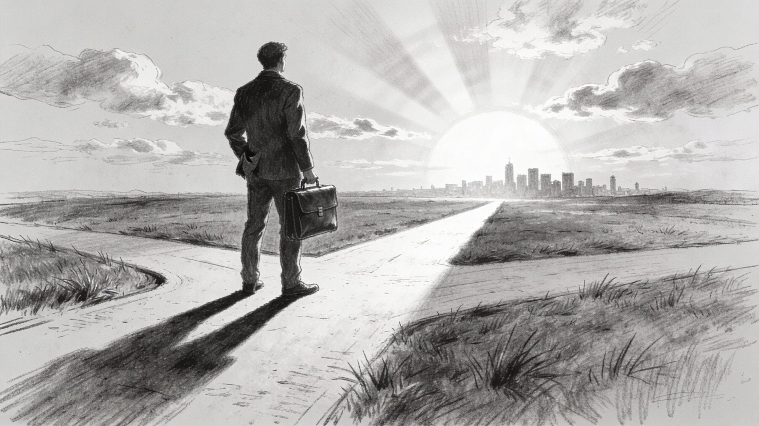 How to Sell Your Personal Services. Horizontal sketch shows a determined figure at a crossroads, briefcase in hand, shadow stretching toward a city skyline at sunrise, symbolizing ambition and purpose.