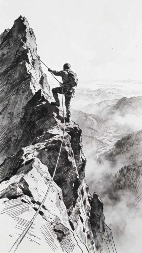How to Sell Your Personal Services. Vertical sketch illustrates a climber triumphantly reaching a steep mountain peak, gazing over a misty valley, embodying persistence and faith.