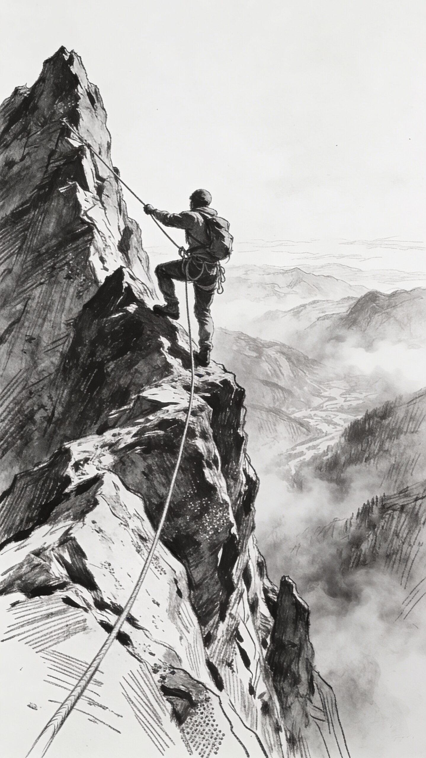 How to Sell Your Personal Services. Vertical sketch illustrates a climber triumphantly reaching a steep mountain peak, gazing over a misty valley, embodying persistence and faith.