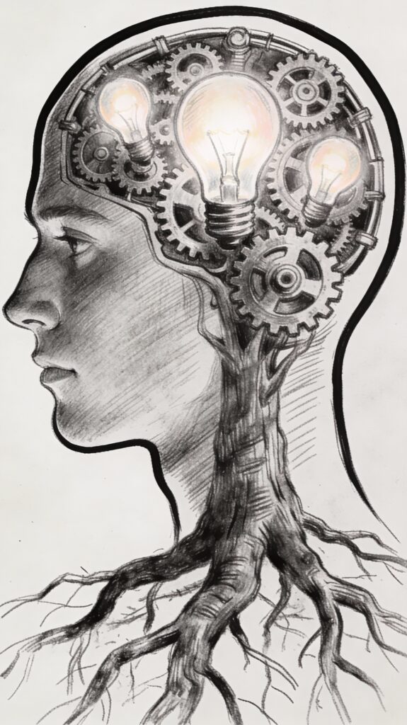 Vertical sketch depicts a profile human head filled with intricate gears, lightbulbs, and tree roots, representing the mind's workshop of ideas and knowledge.