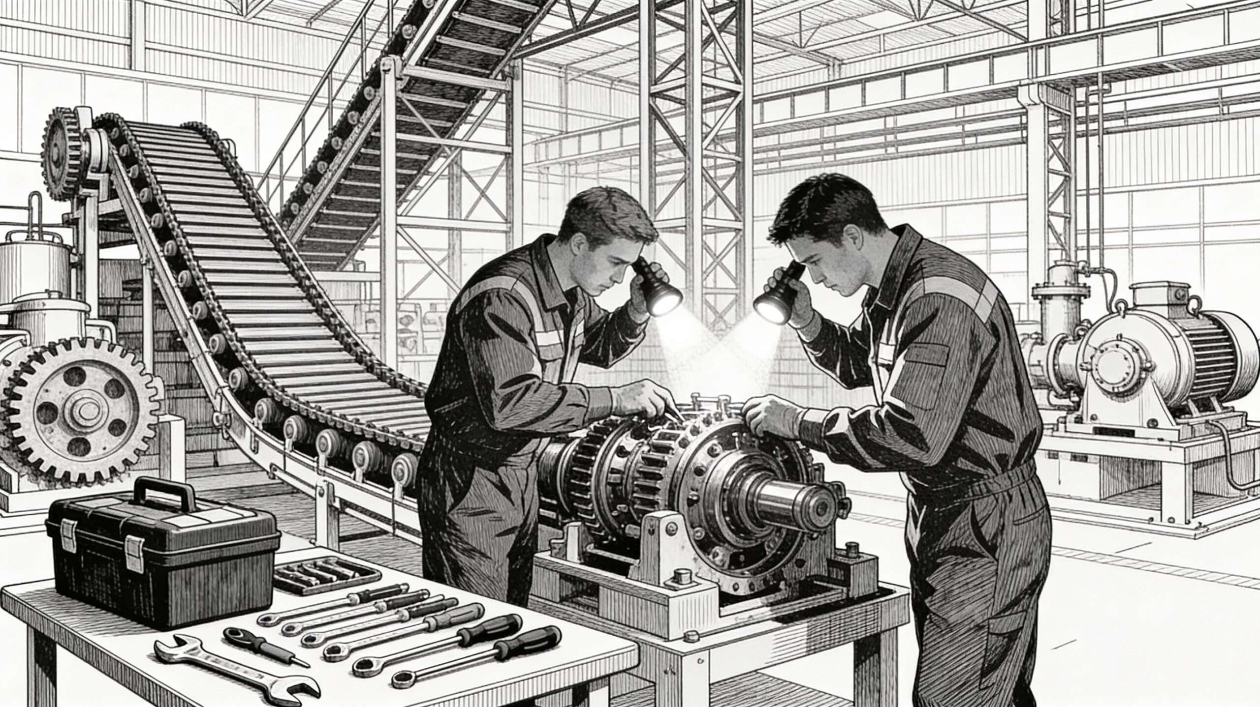 Periodic Revision of Preventative Maintenance Programs. Horizontal black and white line art sketch depicting industrial equipment maintenance in a factory setting: technicians inspect machinery with tools spread on a workbench, surrounded by large gears and conveyor belts in the background, shaded with cross-hatching to emphasize proactive workflow and reliability.