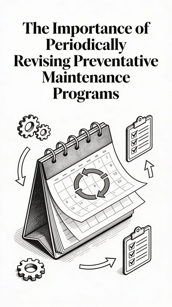 Vertical black and white sketch featuring the title "The Importance of Periodically Revising Preventative Maintenance Programs" in elegant bold typography at the top, below which a calendar flips through revision cycles amid icons of gears, checklists, and updating arrows, rendered in fine line art with intricate shading.