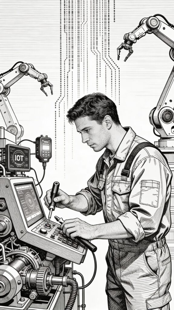 Vertical black and white sketch illustrating technological advancements: a mechanic installs IoT sensors and diagnostic tools on industrial machinery, with data streams flowing to automation robots in the background, detailed in fine line art using cross-hatching for depth and innovation focus.