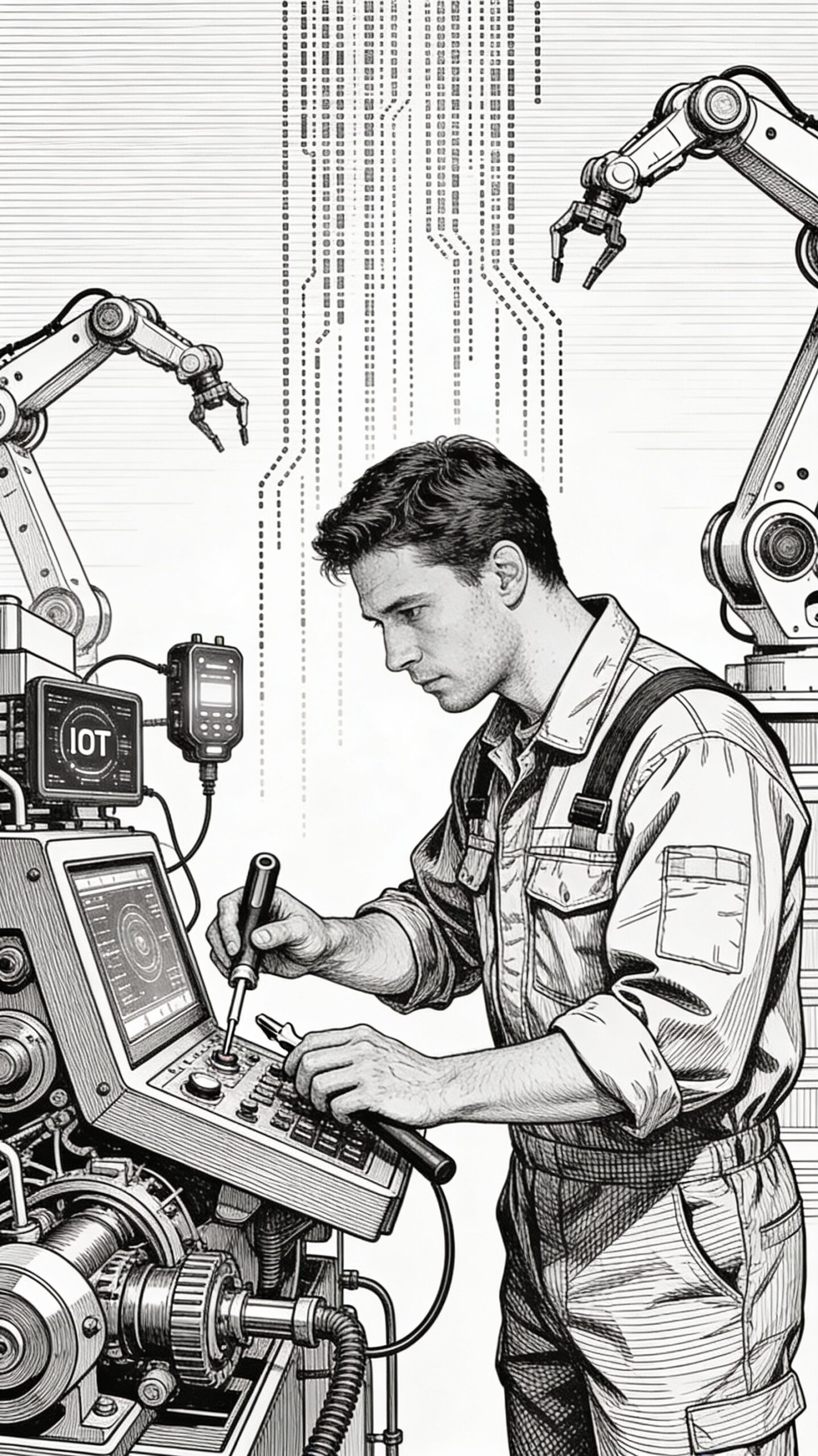 Vertical black and white sketch illustrating technological advancements: a mechanic installs IoT sensors and diagnostic tools on industrial machinery, with data streams flowing to automation robots in the background, detailed in fine line art using cross-hatching for depth and innovation focus.