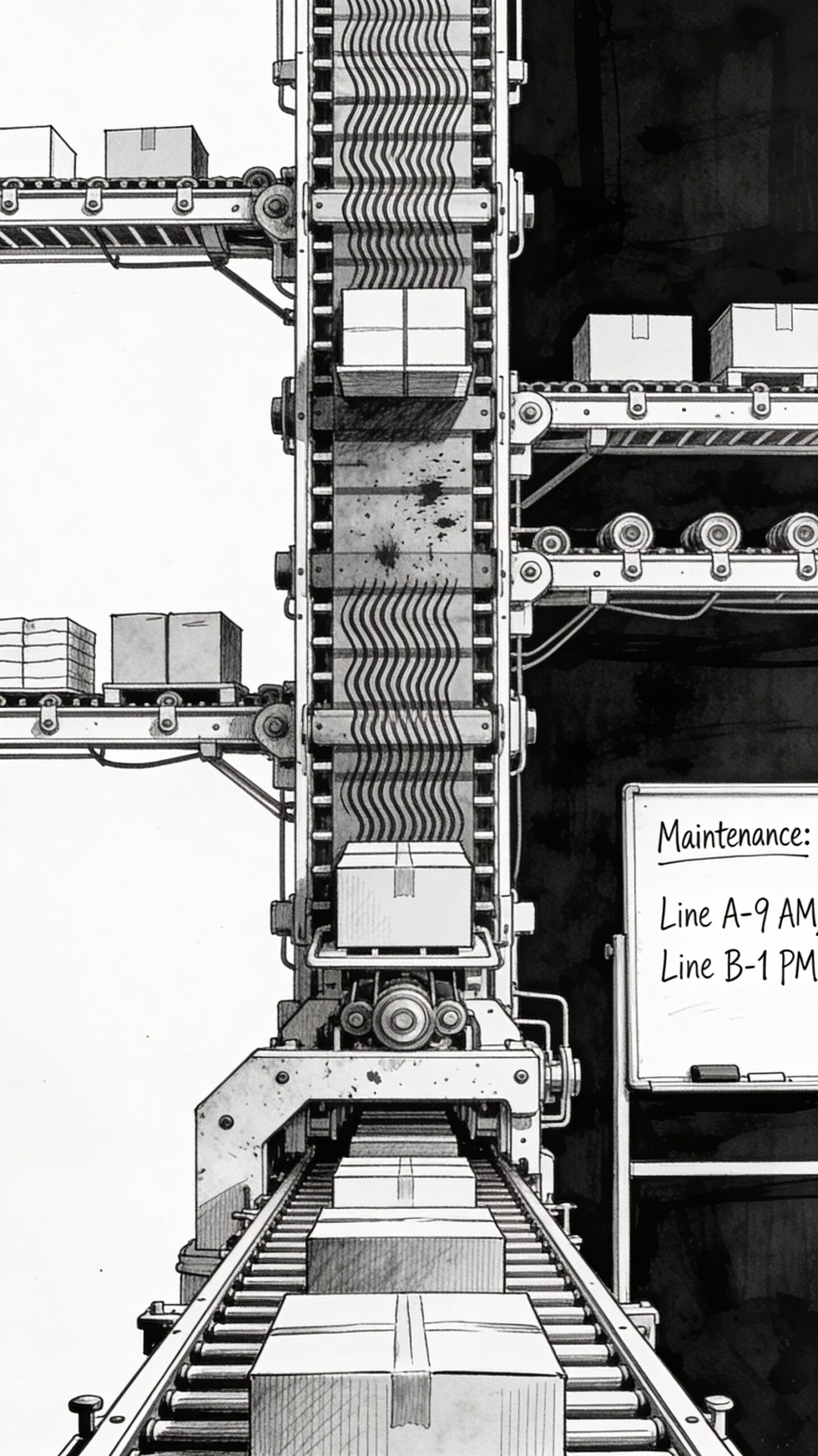 Vertical black and white sketch showing factory operational changes: production lines shift between product types with equipment stress lines indicating wear, while a whiteboard displays adjusted maintenance schedules, captured in dynamic fine line art composition.