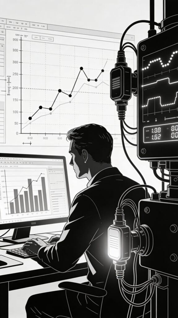 Vertical black and white sketch representing data-driven maintenance: an analyst examines historical charts on a computer screen transitioning to real-time condition monitoring via sensors on equipment, with detailed graphs and focused shading in fine line art style.