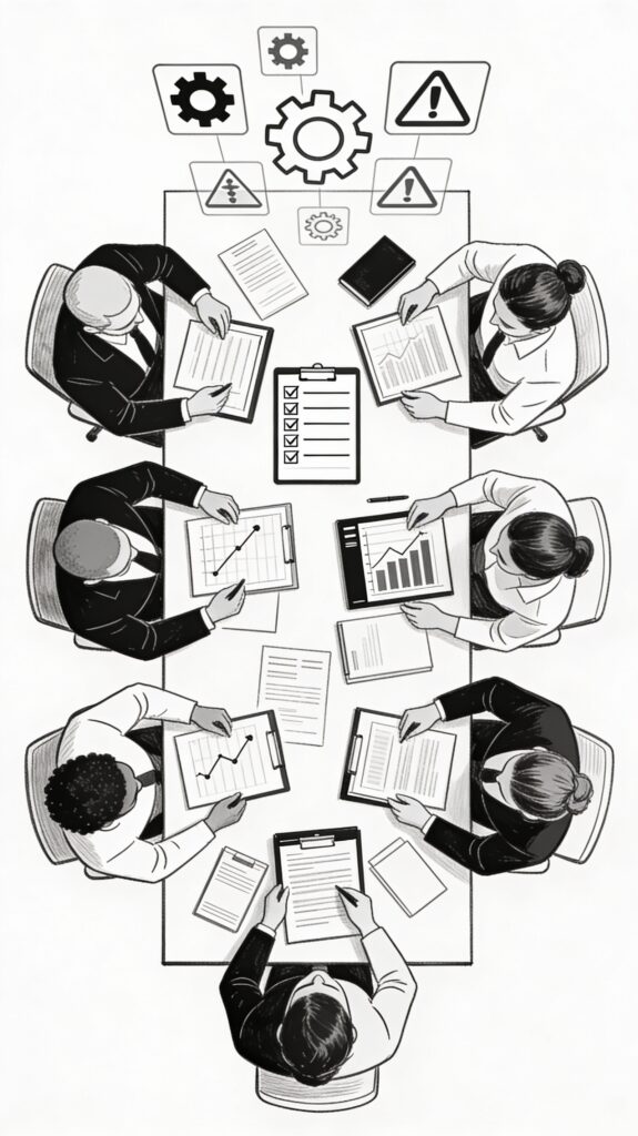 Vertical black and white sketch of PM revision best practices: a diverse team collaborates around a table with checklists, analytics tools, training manuals, and documents, overhead icons of gears and safety symbols, portrayed in precise fine line art evoking teamwork.