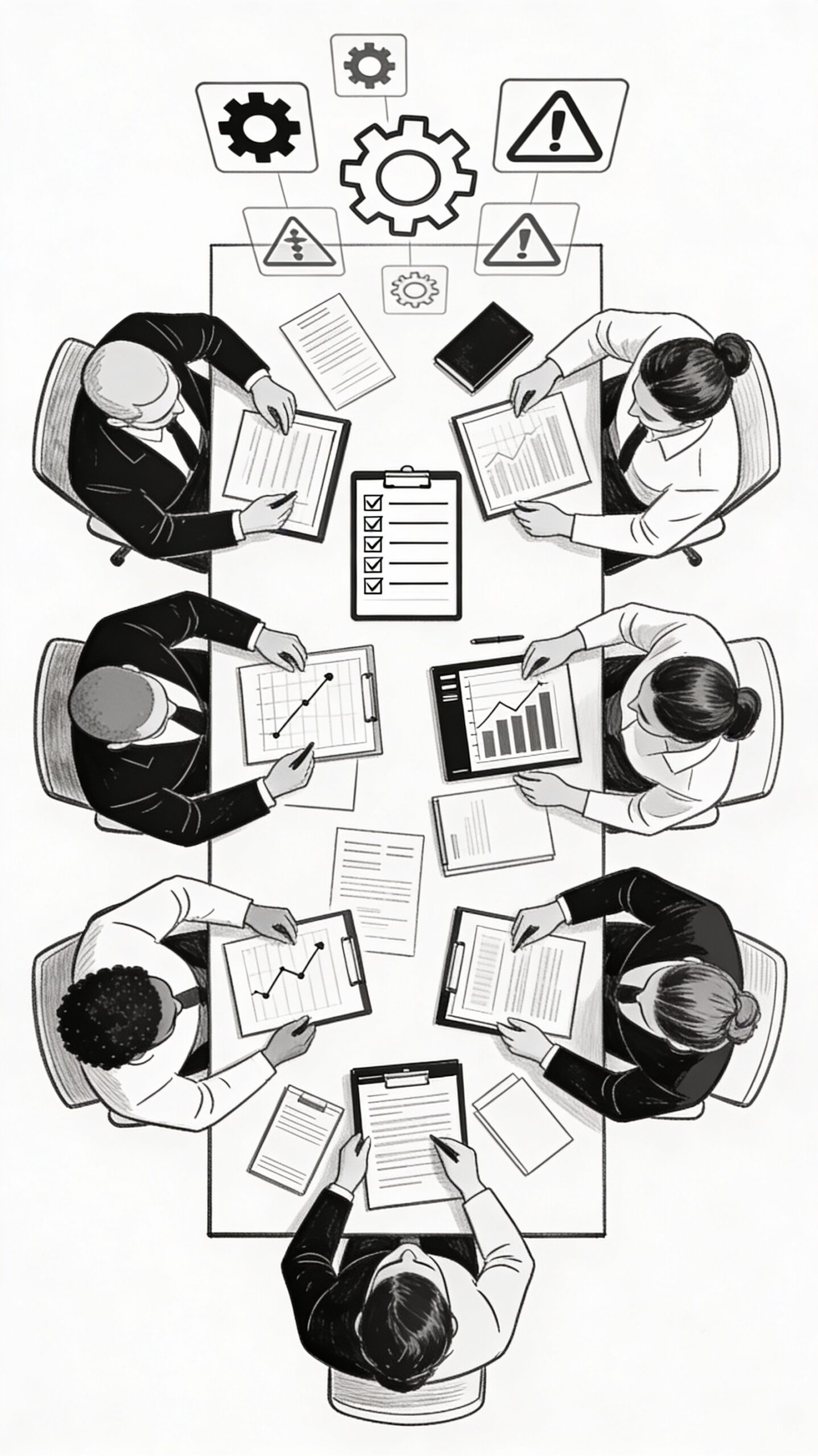 Vertical black and white sketch of PM revision best practices: a diverse team collaborates around a table with checklists, analytics tools, training manuals, and documents, overhead icons of gears and safety symbols, portrayed in precise fine line art evoking teamwork.