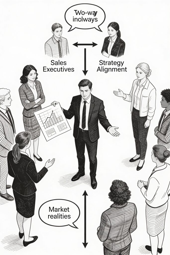 Vertical black and white sketch of a salesperson centrally positioned as a bridge between strategy and execution. The figure holds a strategy blueprint in one hand while engaging diverse customers with the other; speech bubbles depict two-way insights flowing upward to executives and downward to market realities, rendered in fine line art with cross-hatching textures.