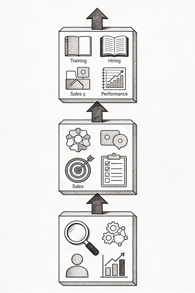 Putting Sales at the Center of Strategy. Elongated vertical black and white line drawing of the sales alignment framework from three stacked levels: bottom customer/market analysis icons, middle sales tasks with targets and checklists, top sales behaviours including training icons and performance metrics, linked by ascending arrows in intricate detailed style.