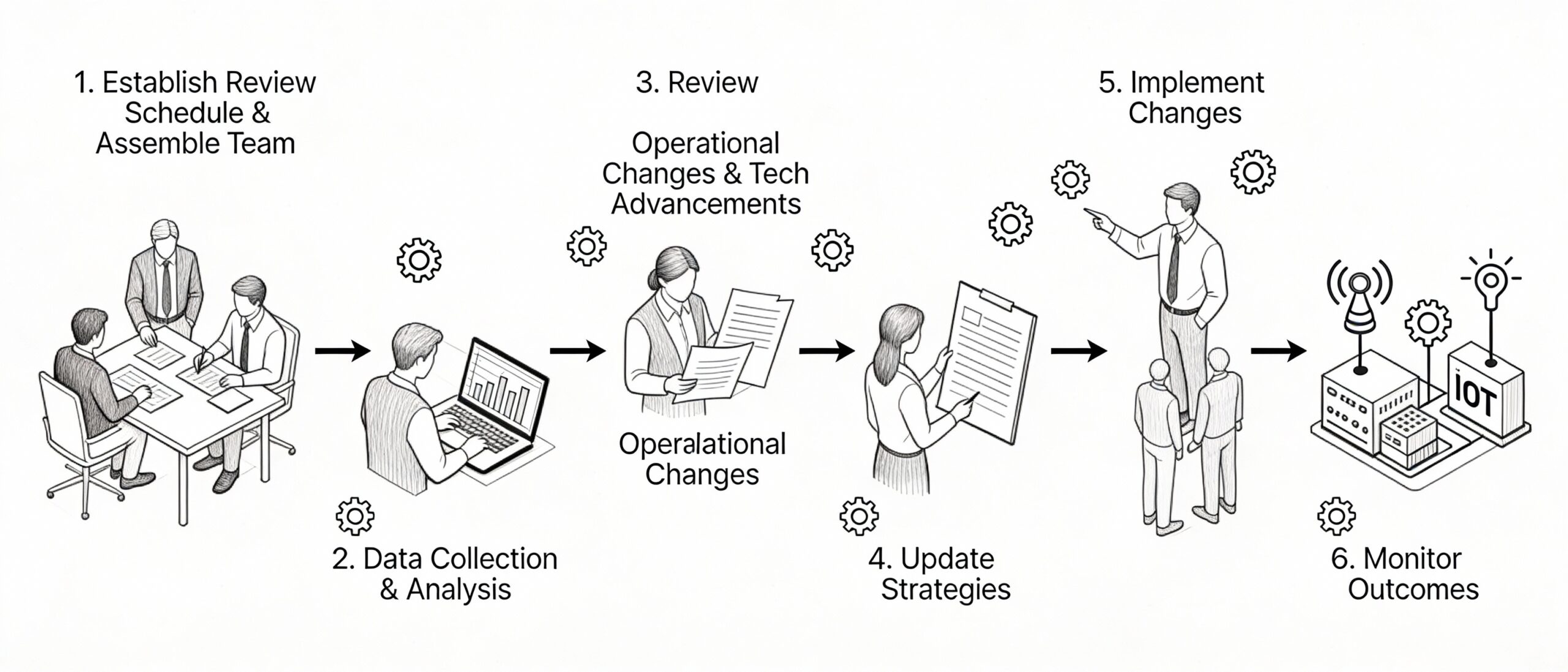 Horizontal black and white line drawing sketch depicting the full 8-step flowchart for revising preventative maintenance programs in landscape format. Sequence flows left to right: calendar and team assembly (steps 1-2), data charts and operational review (3-4), tech icons like IoT sensors and schedule updates (5-6), implementation meetings and performance graphs (7-8), connected by arrows with numbered labels in clean technical blueprint style. Revising Preventative Maintenance Programs.