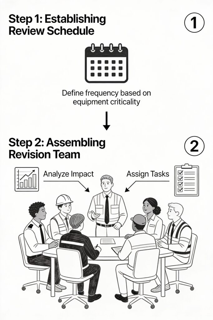 Revising Preventative Maintenance Programs. Vertical black and white sketch illustrating steps 1 and 2 of preventative maintenance revision: top shows calendar icon for establishing review frequency based on equipment criticality, below a diverse team of engineers, managers, and safety officers at a planning table assigning roles, linked by arrows with action icons like checklists, numbered labels 1 and 2, in precise line art style.