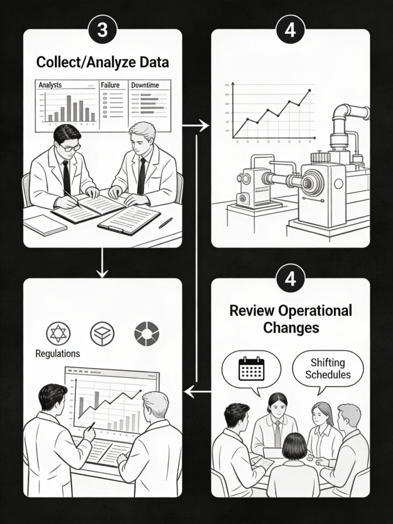 Vertical black and white line art sketch for steps 3 and 4: analysts examining maintenance logs, failure charts, and downtime data from systems, transitioning to team reviewing production shifts and compliance regulations with icons for standards and schedules, connected by flowchart arrows, numbered 3 and 4 labels, technical illustration for article.