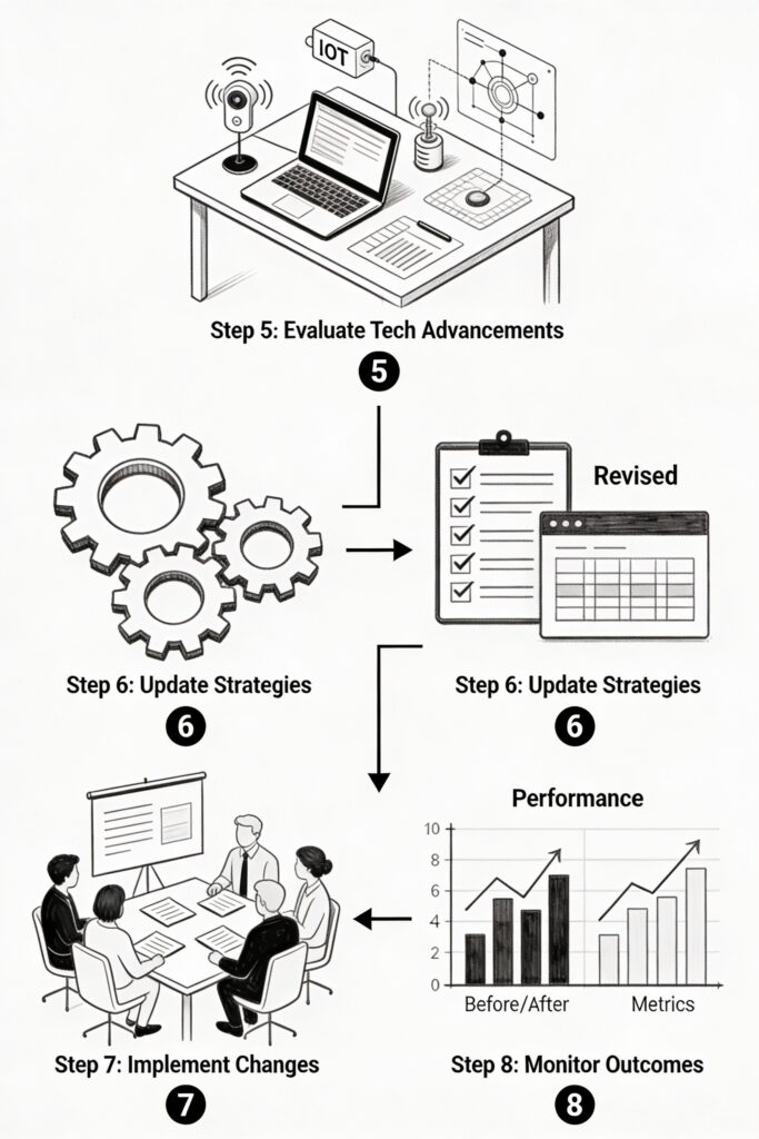 Vertical black and white sketch covering steps 5-8: research on new technologies like IoT sensors and automation, revising gear icons and checklists for strategies, communication meetings for implementation, ending with performance metric graphs comparing before/after data, flowchart arrows linking phases, numbered 5-8 labels in professional line drawing style .
