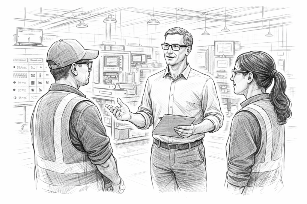 Manufacturing team reflecting on Hoshin Kanri execution and shared improvement goals during a discussion on the shop floor.