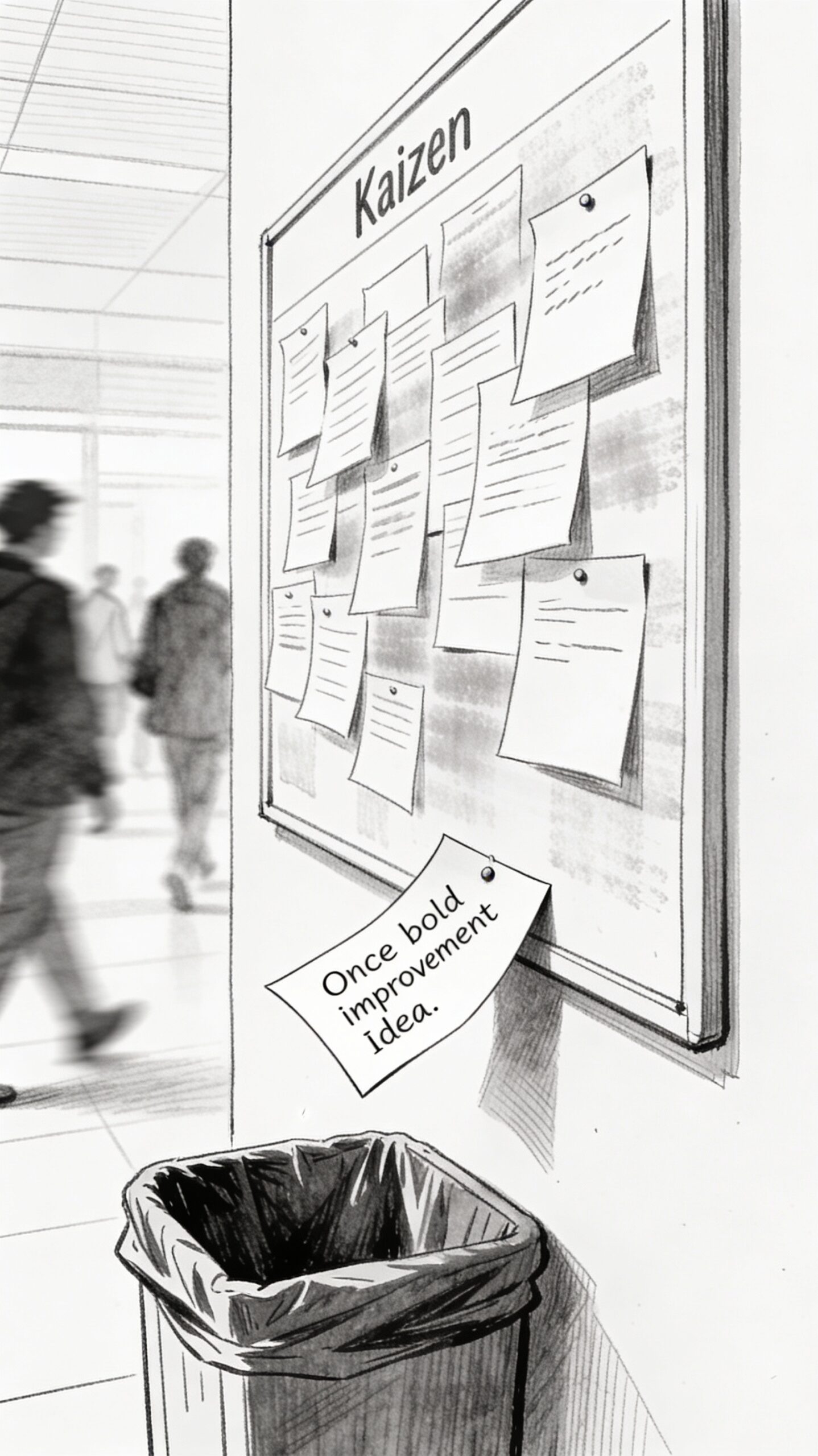 Why Most Kaizen Fails Before Day One. A vertical black and white line-art sketch of a Kaizen board slowly fading under layers of new papers and notes, with a prominent improvement card slipping into a trash bin below. Indistinct figures walk past without noticing, symbolizing how improvements get abandoned rather than fail. Minimalist composition highlights neglect in daily management.