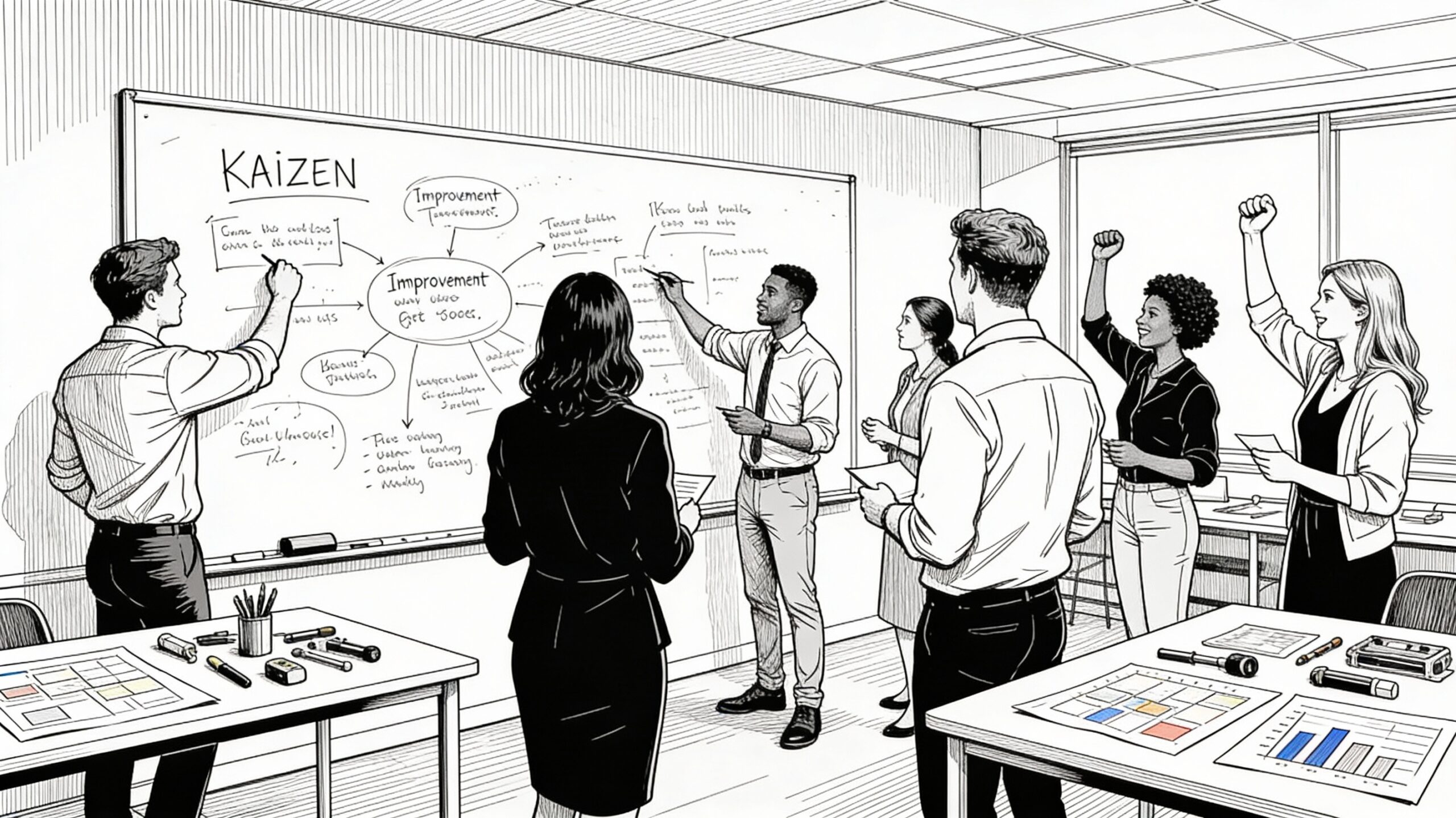Horizontal black and white line art sketch of a successful Kaizen workshop: diverse team collaboratively brainstorming around a whiteboard filled with improvement ideas, charts, and tools on tables, conveying high energy and effective problem-solving in the room.