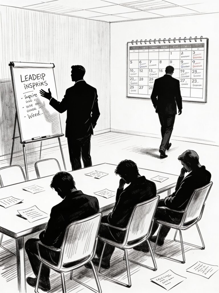 Vertical black and white editorial-style sketch of leadership absence in Kaizen: leader delivering inspiring words at a flipchart then exiting to a calendar of meetings, leaving dejected team with empty chairs and superficial notes, highlighting demotivation and surface-level fixes.