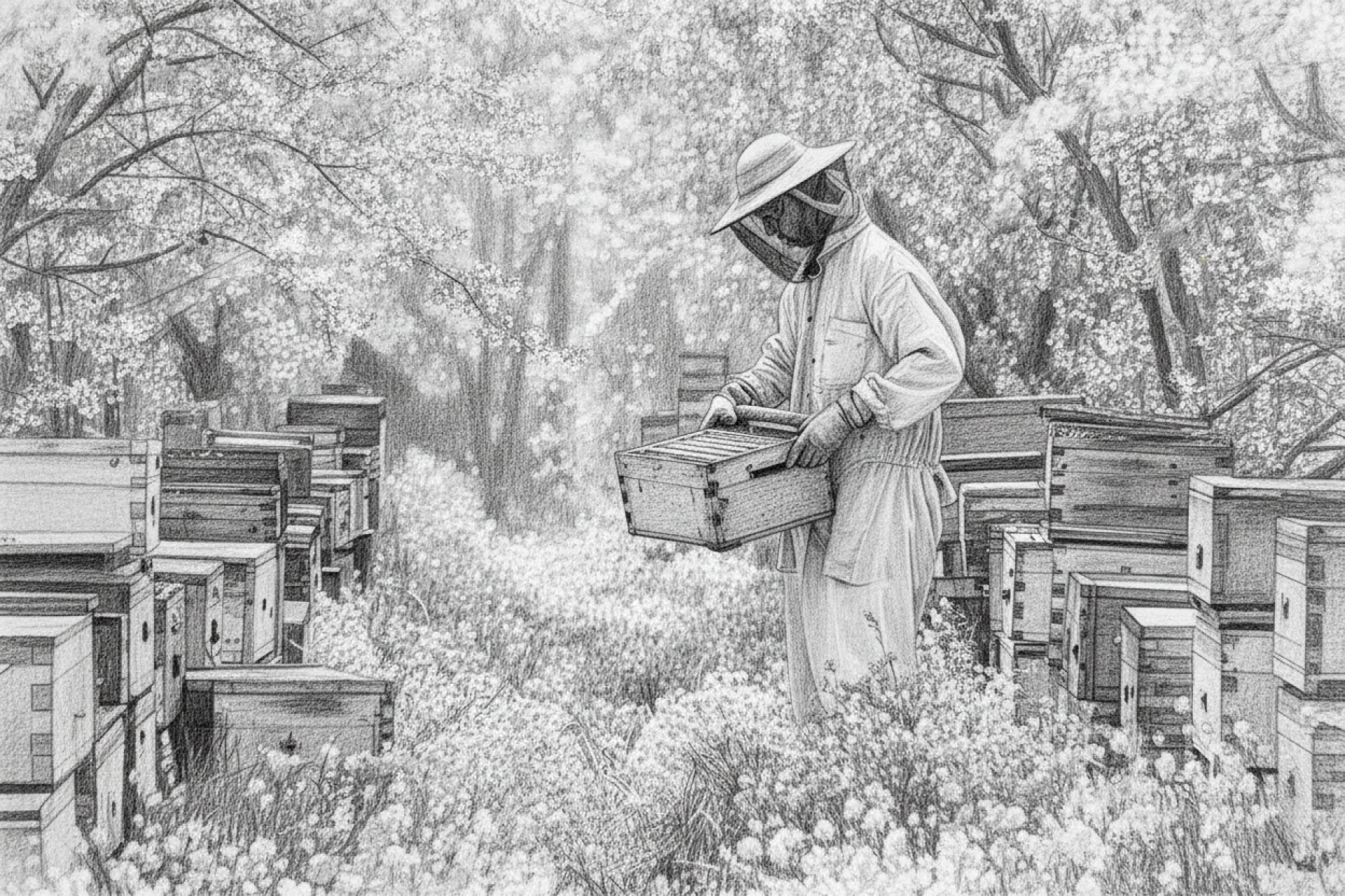 A detailed black-and-white pencil sketch depicts a beekeeper in a full protective suit, hat, and veil, holding a wooden frame as they stand amidst rows of beehives. The serene apiary scene features blooming yellow flowers covering the ground, blossoming trees with white petals overhead, and soft cross-hatching shading for depth on fabrics, wood textures, foliage, and petals. Science behind honey.