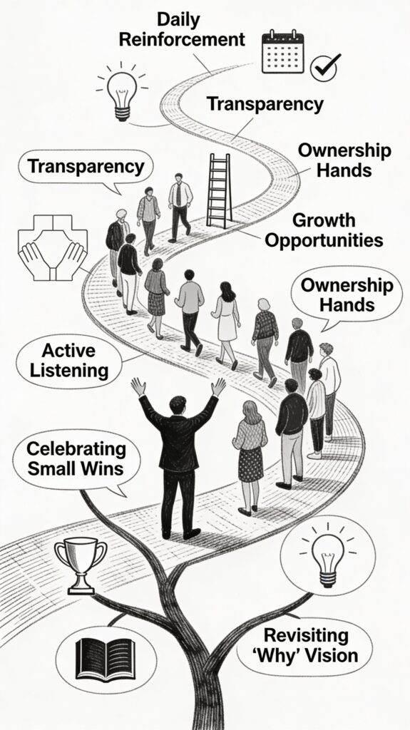 Vertical black and white sketch outlining key team motivation strategies during organizational change, with a central leader guiding a team upward along a growth path; visual elements include revisiting the ‘why’ vision, celebrating small wins, active listening, empowerment, growth opportunities, transparency, and daily reinforcement. Team motivation strategies for success.