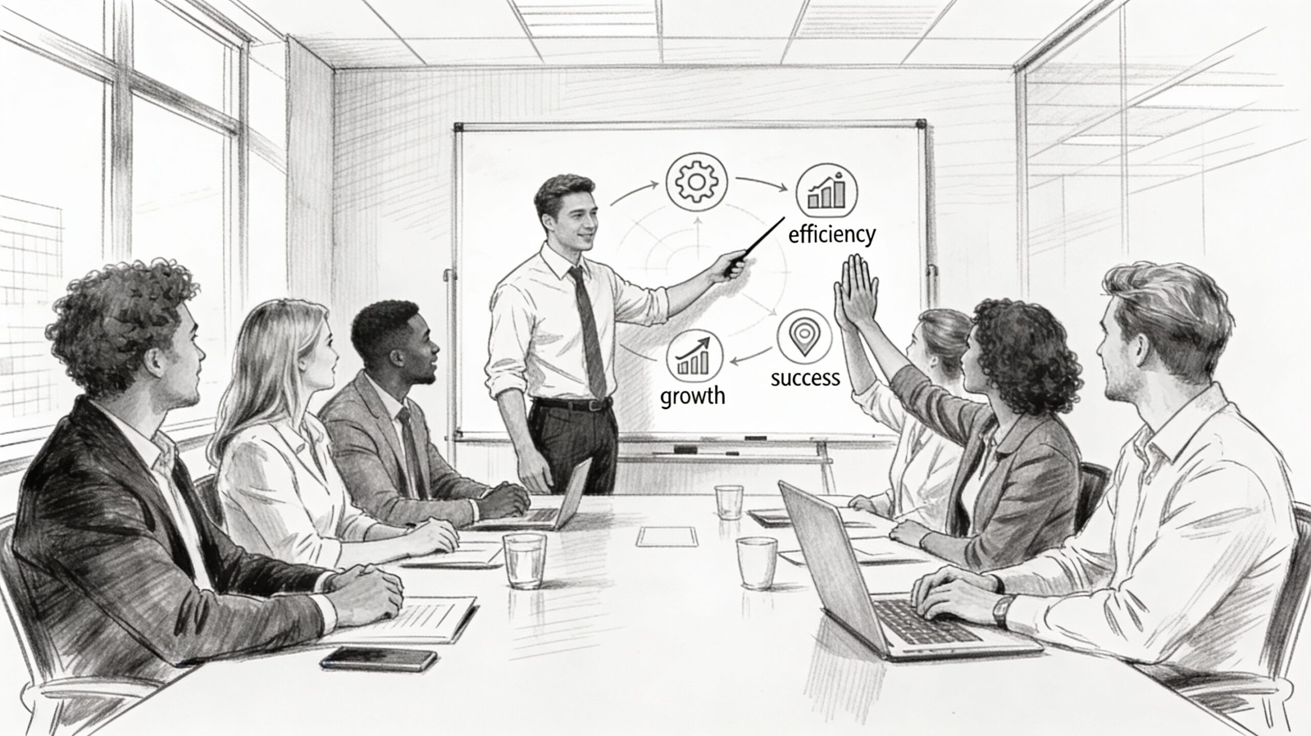Black and white sketch of a diverse team in a modern office collaborating around a conference table, with a team leader pointing to a whiteboard that illustrates the company vision; team members are engaged in discussion, celebrating small wins, and sharing ideas, symbolizing motivation and cultural change. Team motivation strategies for success.
