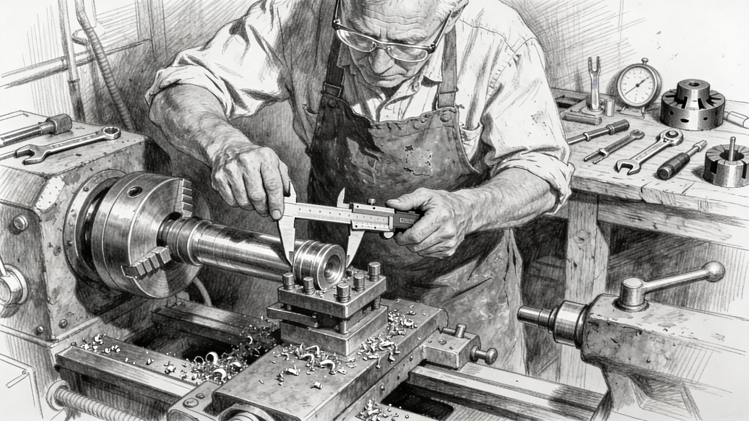 A black‑and‑white sketch of an old‑school machinist at a manual lathe, framed like a “surgeon of metal,” with calipers, micrometers, and cut‑off chips around the workpiece, emphasizing precision, feel, and deep focus instead of digital screens. A manual machining precision.