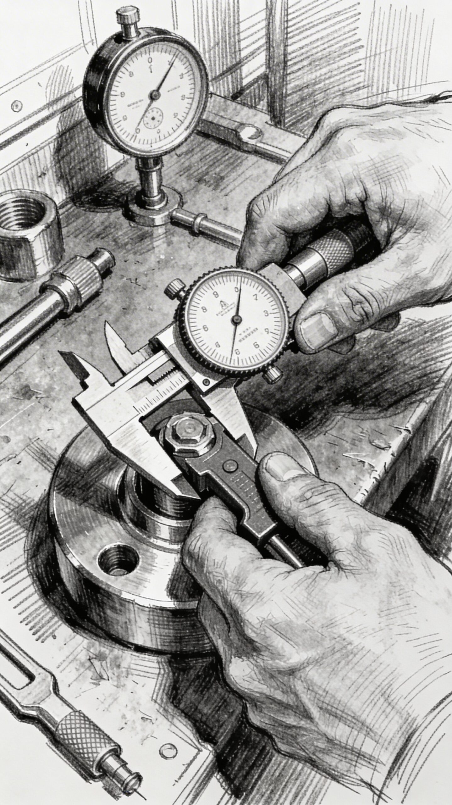 A vertical black‑and‑white sketch featuring a machinist’s hands using classic measuring tools, vernier caliper, micrometer, and dial indicator, on a metal part, symbolizing the era before digital readouts when precision relied on touch, pressure, and interpretation. Amanual machining precision.