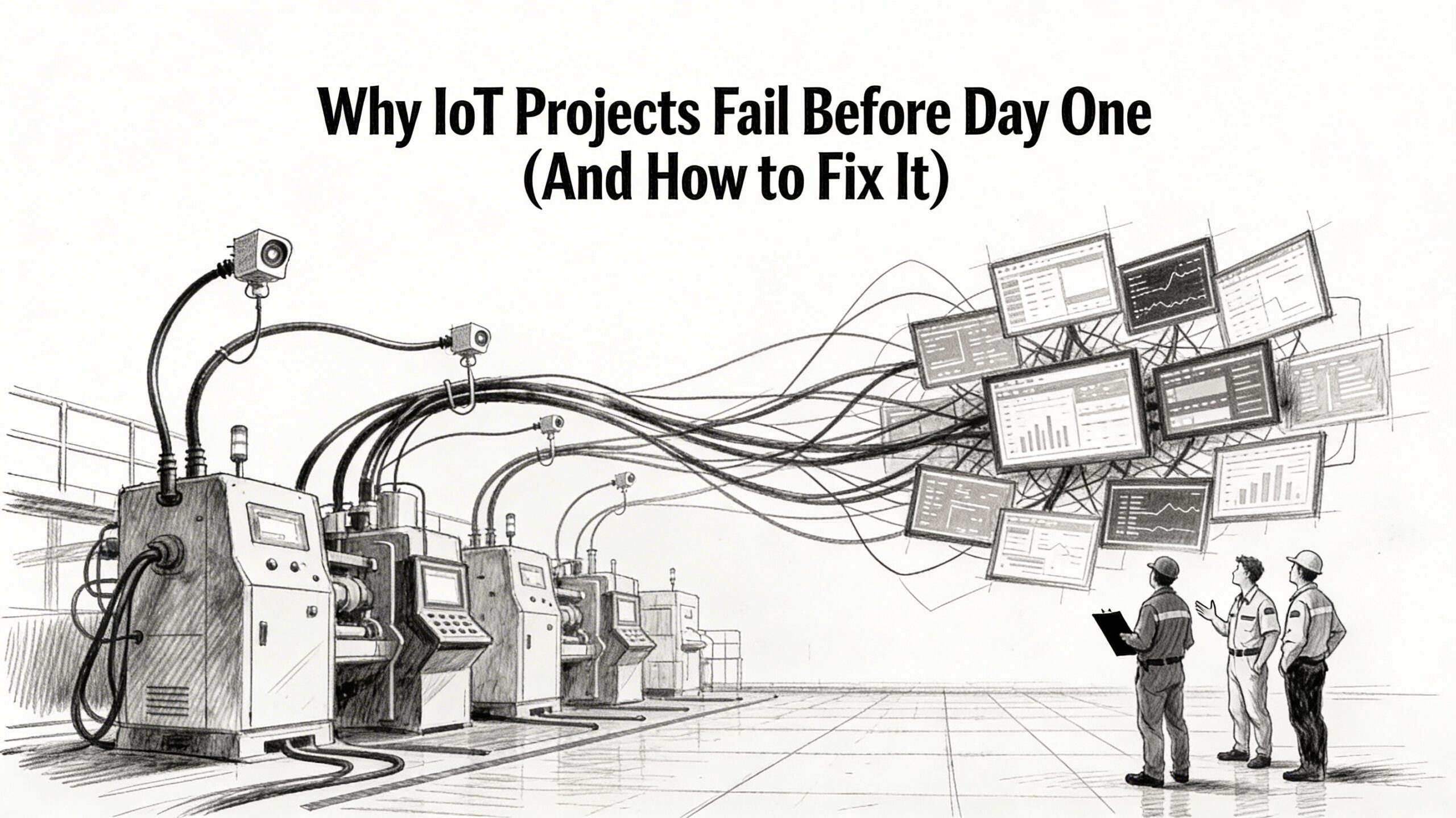 A black‑and‑white sketch illustrating why IoT projects fail: a factory floor with sensors and cables feeding into a tangled mess of disconnected dashboards, while a small group of engineers and maintenance technicians looks confused, showing how technology without clear strategy and integration leads to information overload and confusion.