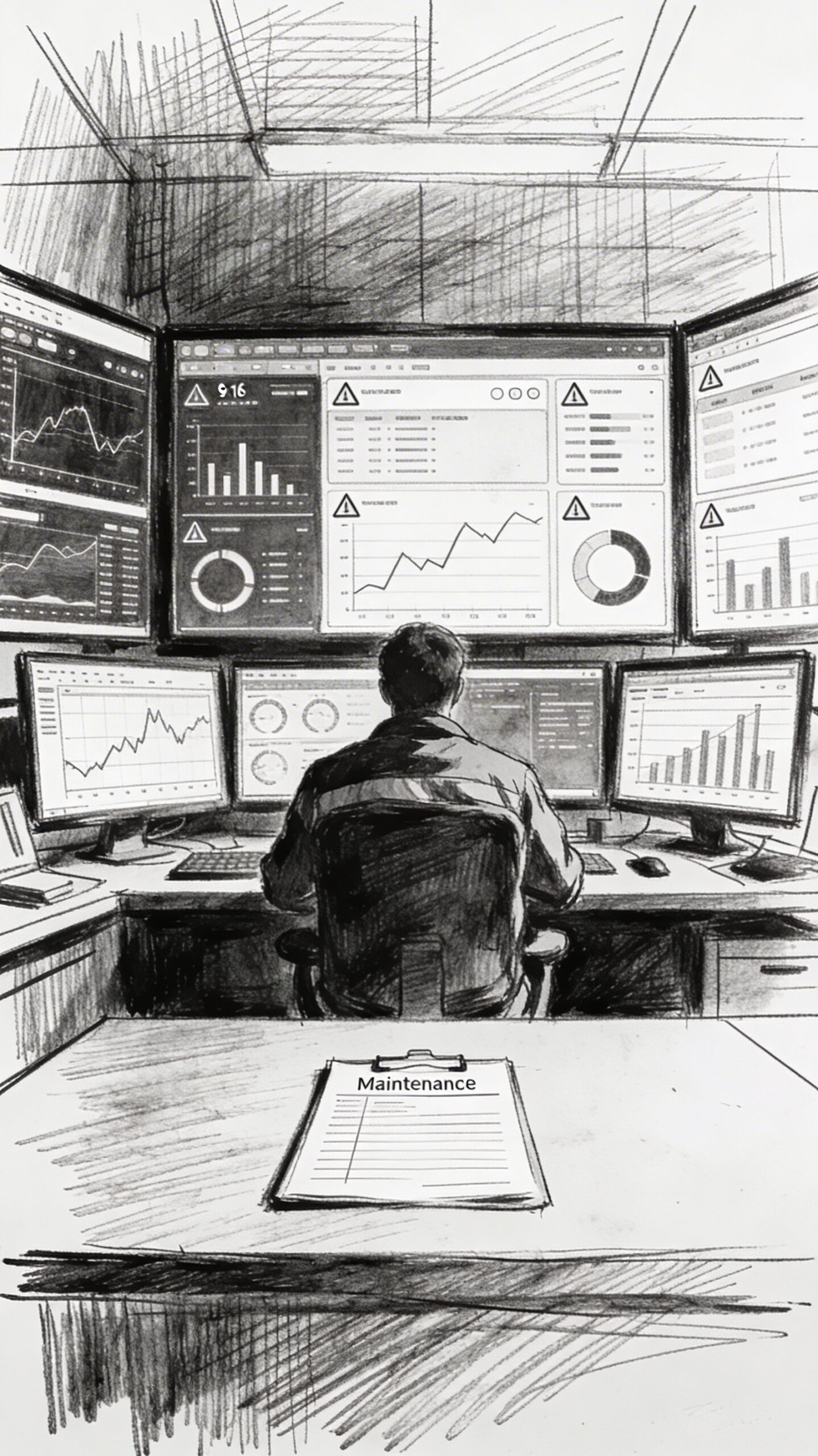 A vertical black‑and‑white sketch showing why IoT projects fail when monitoring stays disconnected from action: a control room filled with IoT dashboards, graphs, and alerts that a technician ignores, while a simple maintenance checklist and work order sit on the desk, symbolizing data that never turns into real maintenance work.