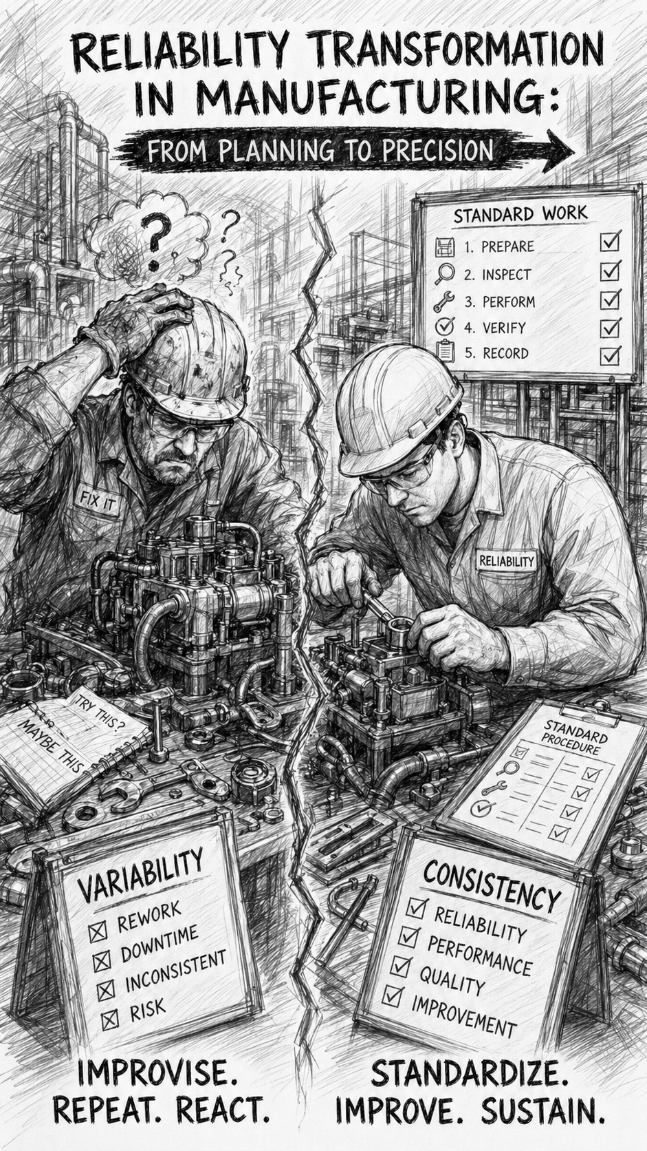 Black-and-white sketch showing reliability transformation in manufacturing, contrasting two technicians performing the same maintenance task, one following a clear standard procedure and the other improvising, to highlight execution consistency versus variability.