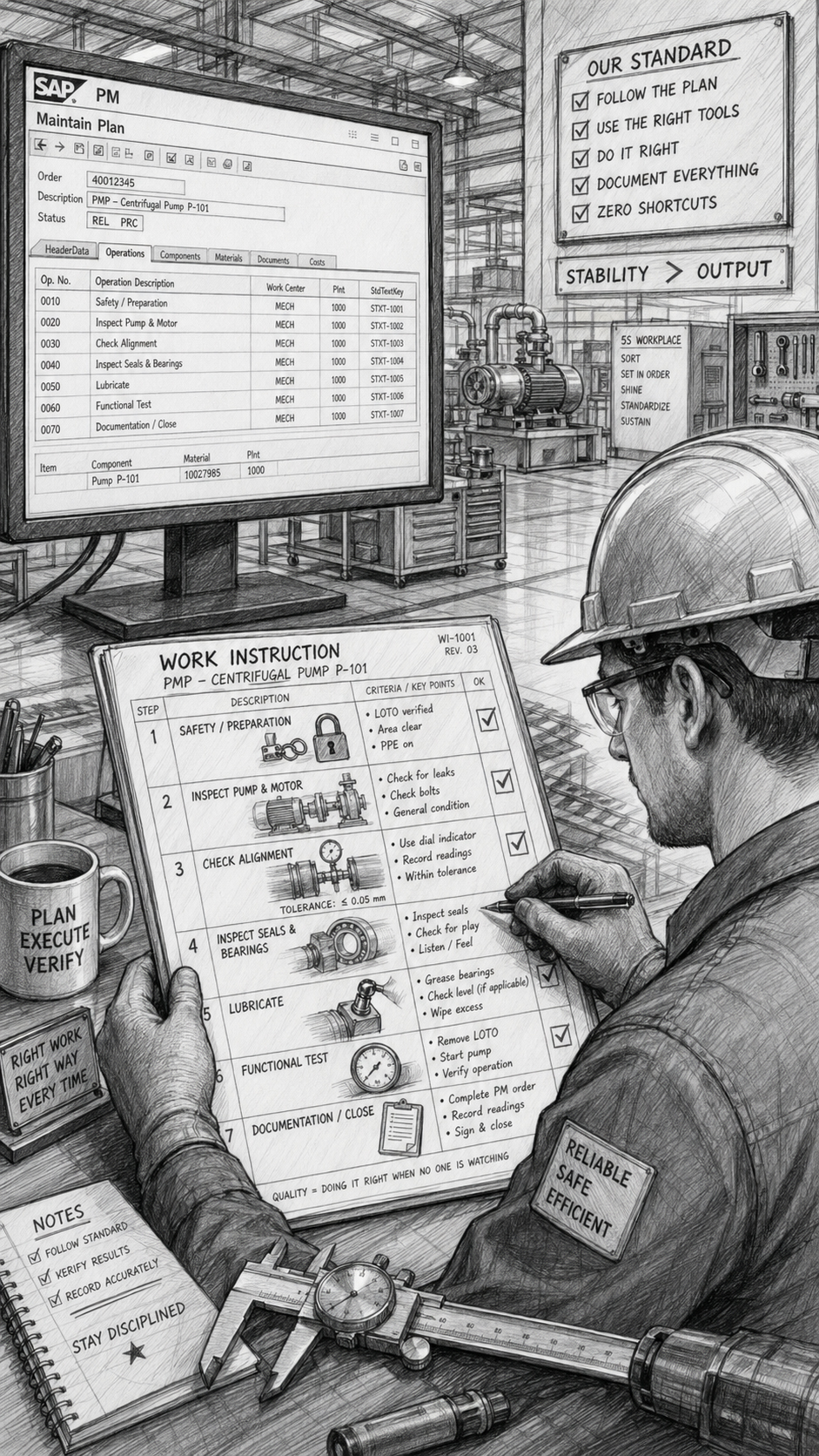 Black-and-white sketch showing reliability transformation in manufacturing, with a maintenance technician using a structured work instruction beside a planning screen, while the shop floor behind them appears organized and stable.