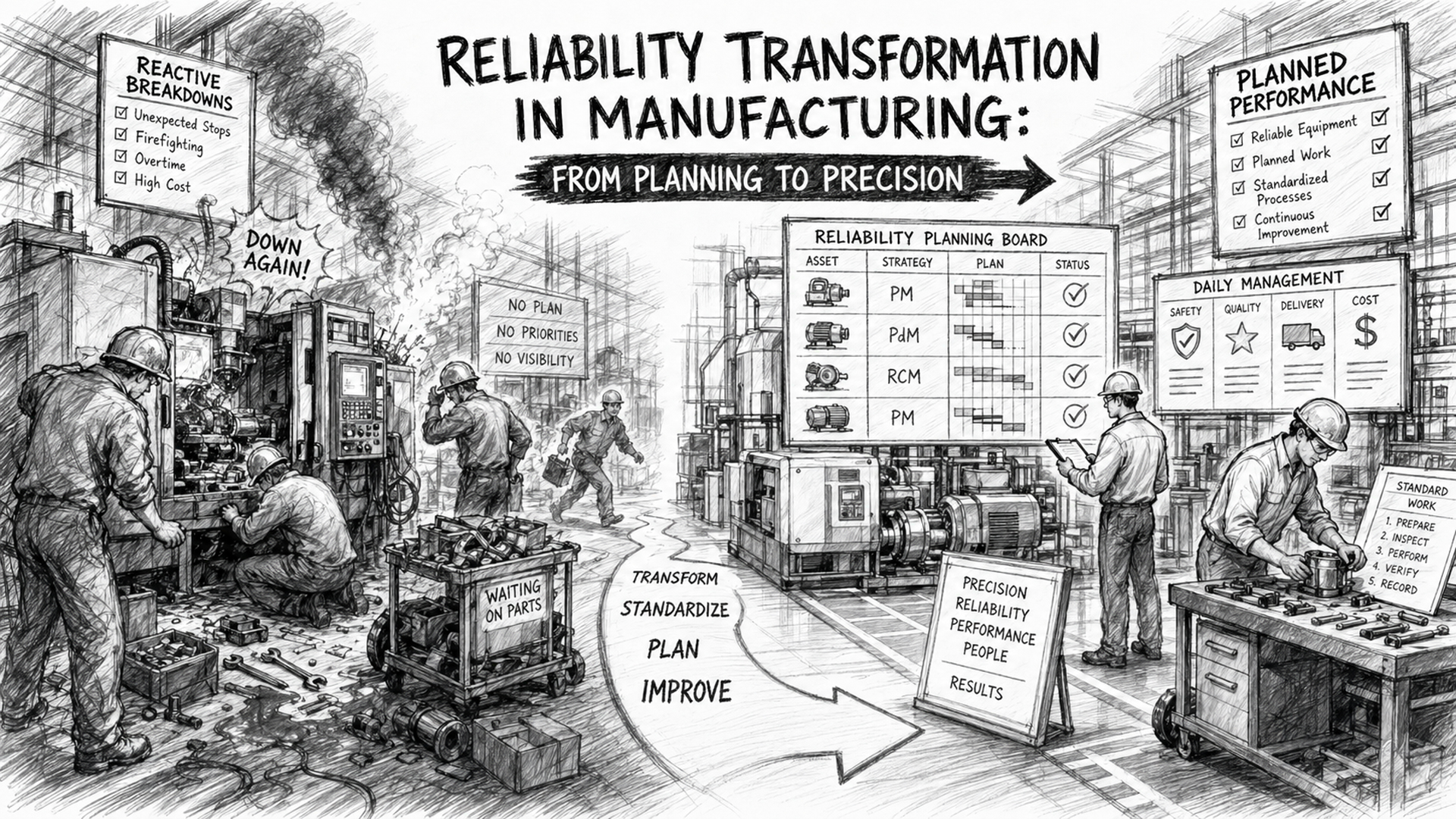 Black-and-white sketch showing reliability transformation in manufacturing, with a plant moving from reactive chaos to structured control, including breakdowns, planning boards, stable equipment, and technicians following standardized work.