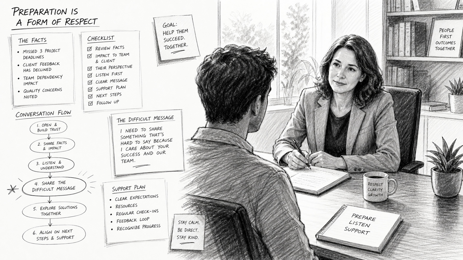 Black-and-white sketch showing Leadership Difficult Conversations in a professional office, with a calm manager and employee seated across from each other, surrounded by preparation notes, facts, and a conversation flow that emphasizes trust, respect, and careful planning.