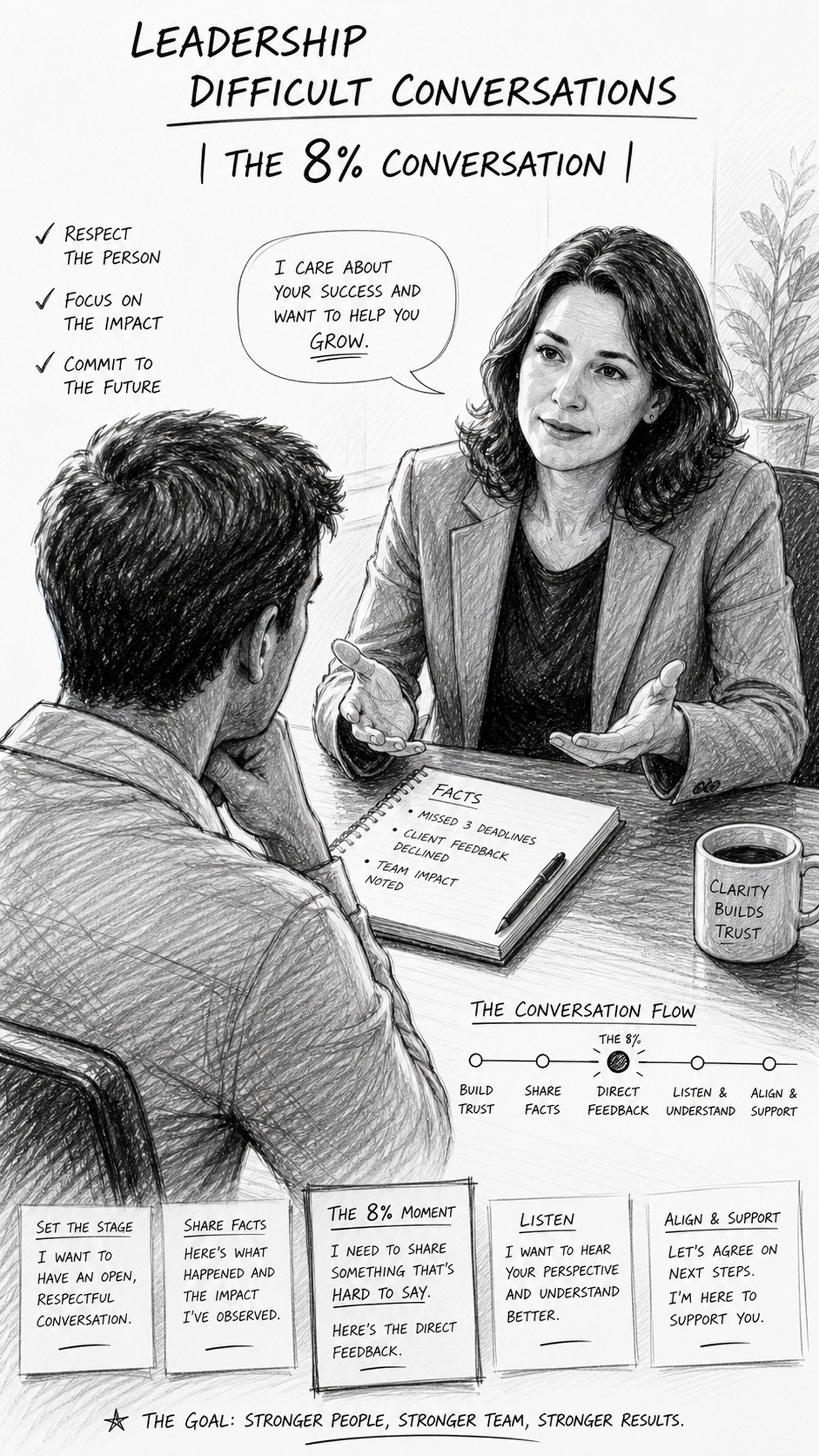 Black-and-white sketch showing Leadership Difficult Conversations in a calm one-on-one meeting, with a manager speaking respectfully to an employee while notes, facts, and a small highlighted correction moment suggest the direct feedback portion of the discussion.