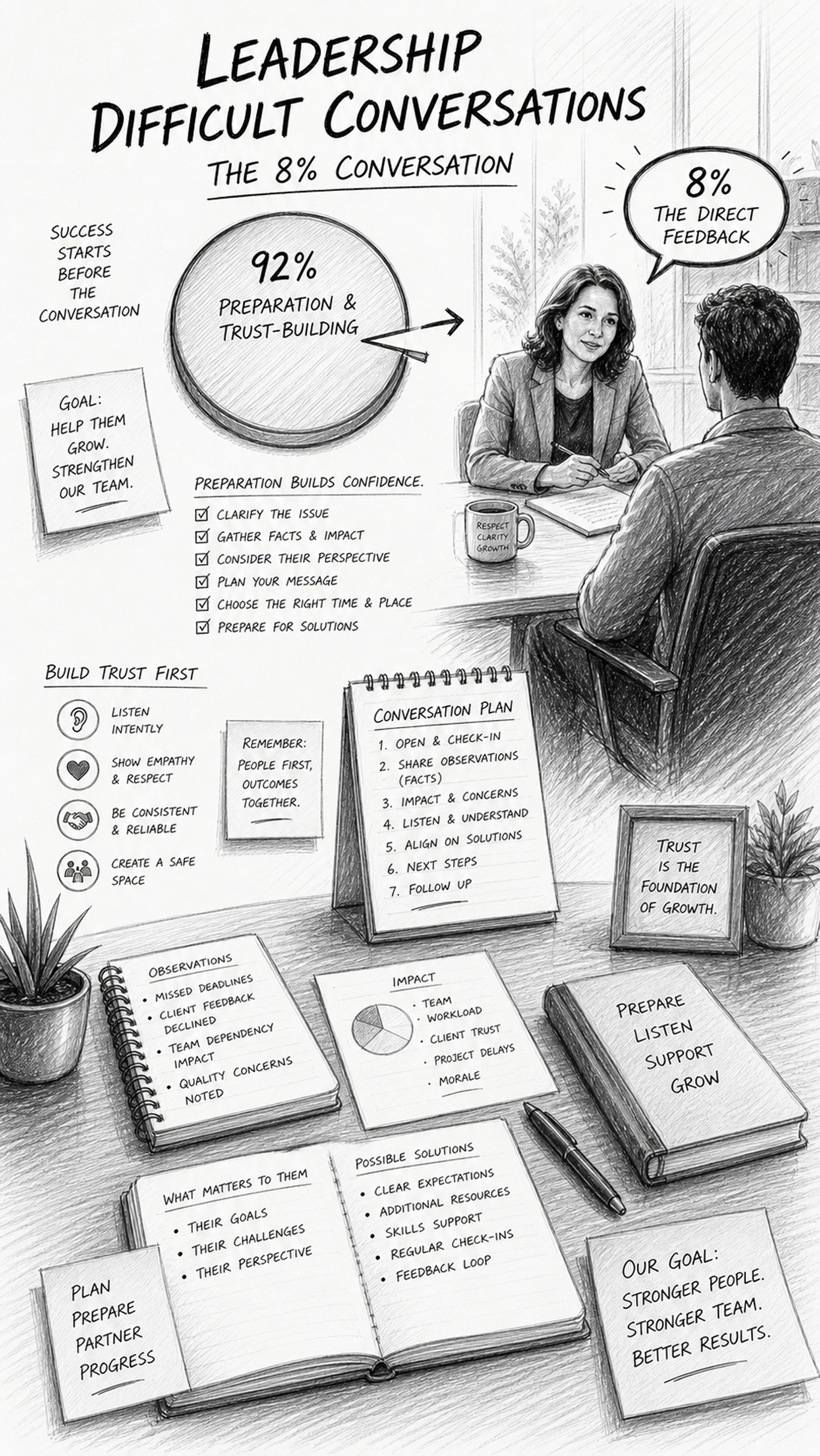 Black-and-white sketch showing Leadership Difficult Conversations as a 92 percent preparation and 8 percent direct feedback model, with most of the scene focused on listening, clarity, and trust-building, and a small sharp focal point representing the final corrective message.