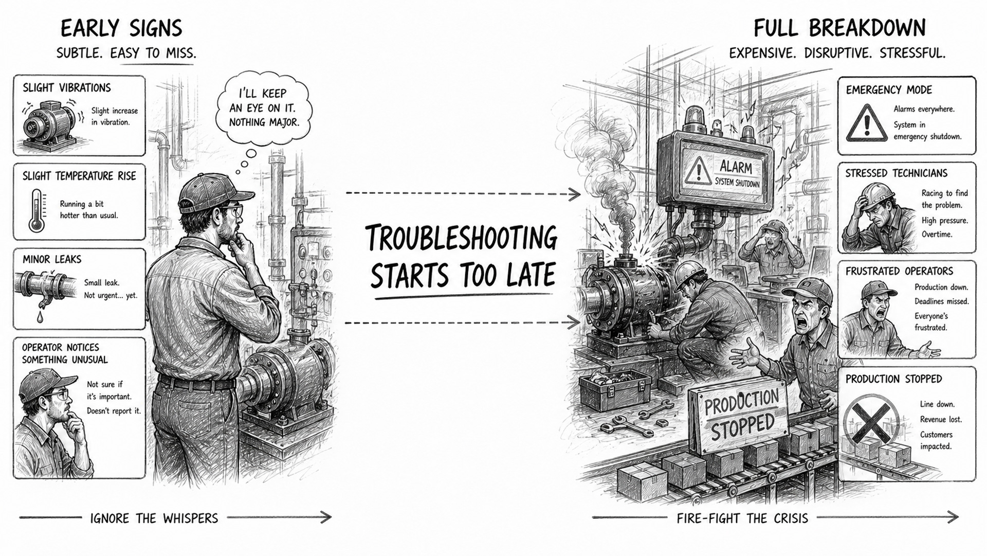 Black-and-white horizontal sketch showing why most troubleshooting starts too late in a plant with weak Failure Recognition Culture: on the left, subtle early warning signs like small vibrations, slight temperature rise, minor leaks, and an operator noticing something unusual but not reporting it; in the middle, a large gap labeled “troubleshooting starts too late”; on the right, a full breakdown with emergency mode, stressed technicians, frustrated operators, and a stopped production line, emphasizing the difference between recognizing early whispers and reacting to screams.