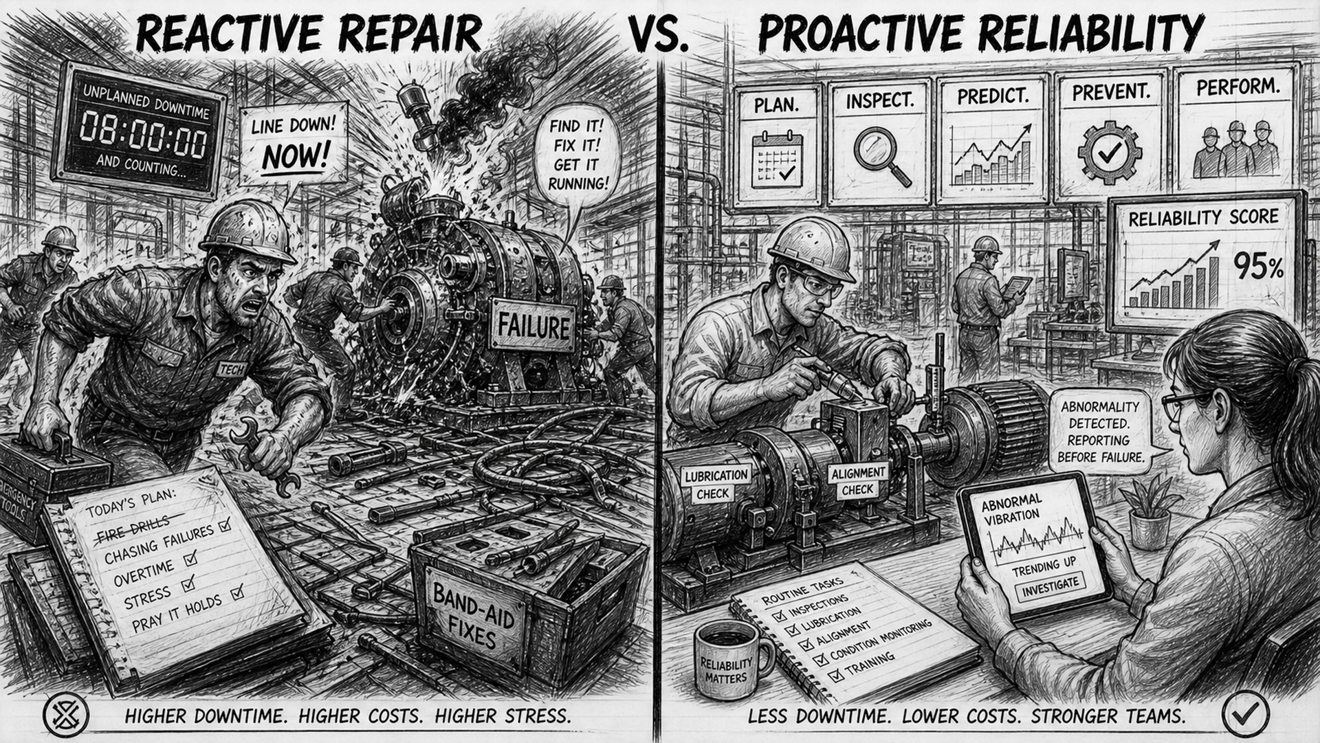Black-and-white sketch showing the difference between emergency repair and Improving Reliability, with one side depicting technicians rushing to restart a broken machine and the other side showing planned inspections, lubrication checks, alignment tools, and an operator reporting an abnormal condition before failure.