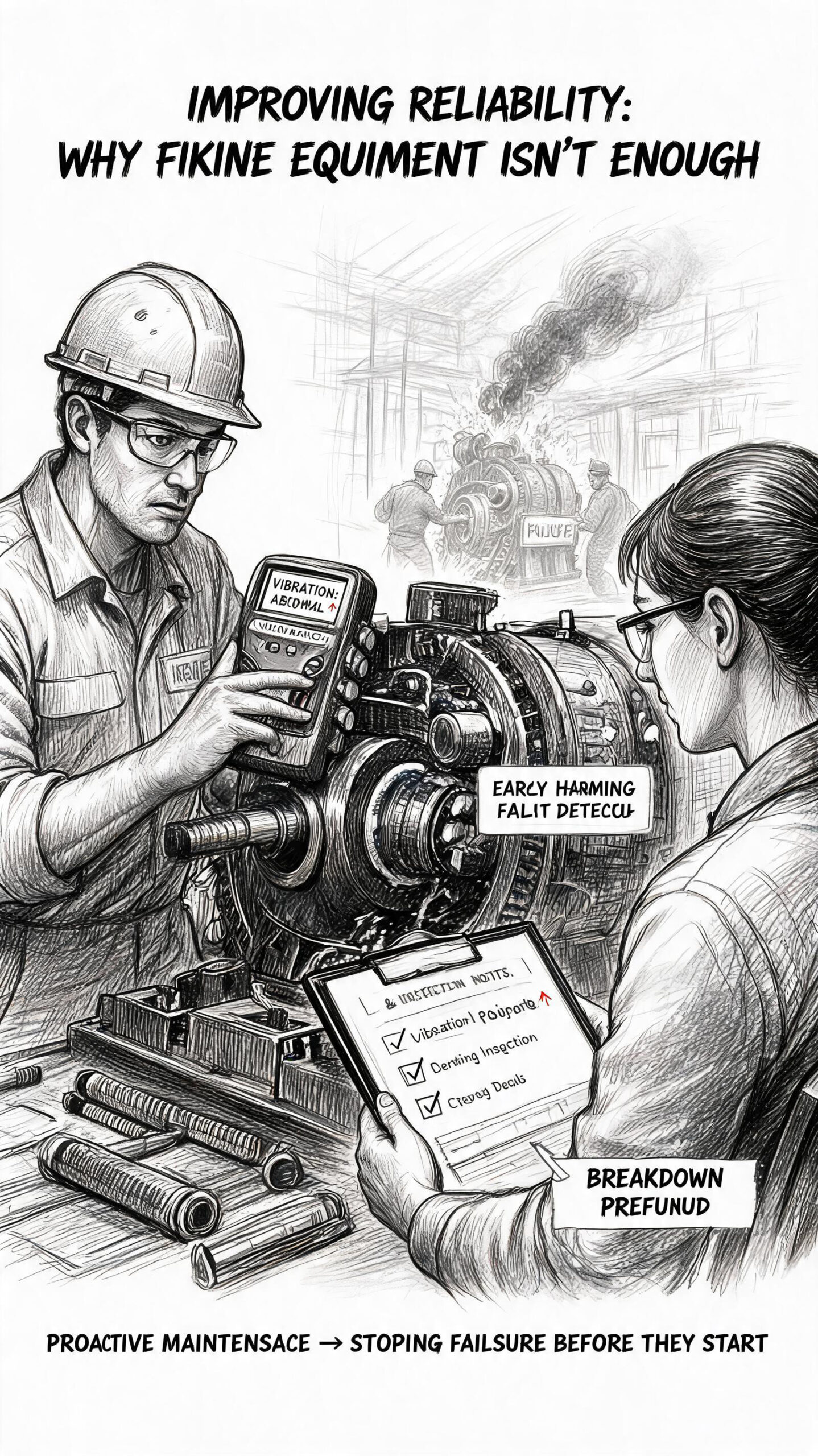 Black-and-white sketch showing Improving Reliability through early intervention, with a technician and operator examining a machine with warning signs while using a vibration meter, lubrication checklist, and inspection notes to prevent a breakdown before it happens.