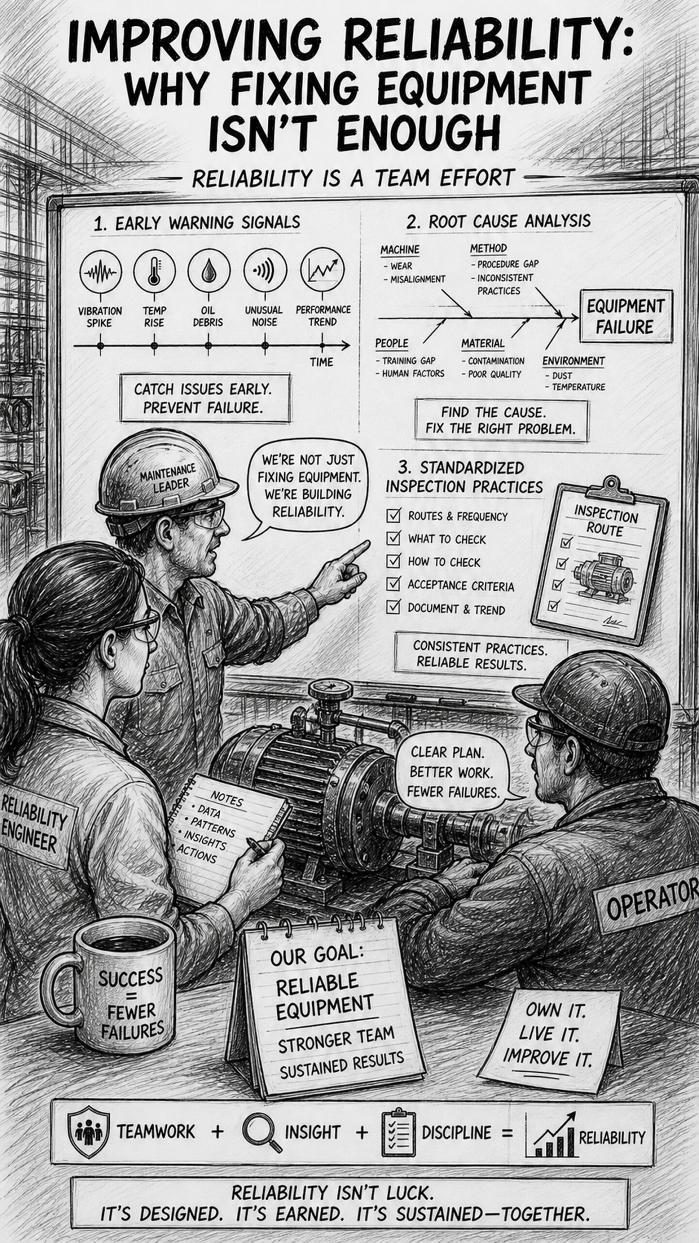 Black-and-white sketch showing Improving Reliability as a team effort, with a maintenance leader, engineer, and operator collaborating around a whiteboard and equipment, surrounded by early warning signals, root cause analysis notes, and standardized inspection practices.