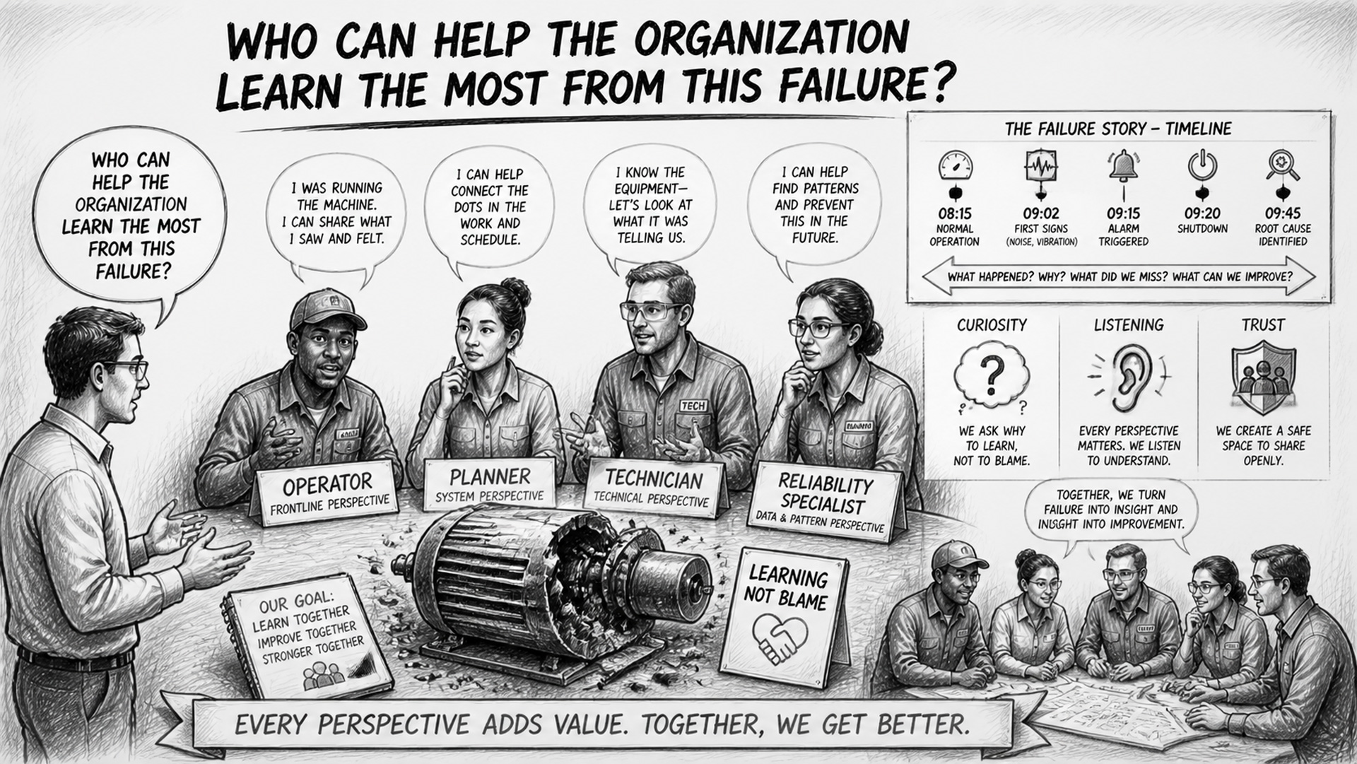Black-and-white sketch of a collaborative failure review focused on Learn From Failure, showing a group meeting around failed equipment with an operator, technician, planner, and reliability specialist sharing different perspectives, while a leader asks “Who can help the organization learn the most from this failure?” instead of “Who is responsible?”, with visual elements like a failure timeline, curiosity icons, and listening symbols emphasizing collaboration and trust.