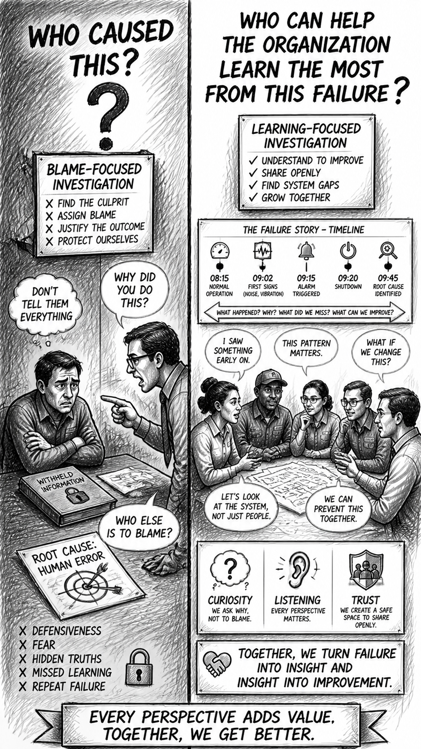 Black-and-white split sketch contrasting blame-focused investigation on the left (a person being questioned defensively, hiding information, with a “Who caused this?” question mark) with learning-focused investigation on the right (open dialogue, shared insights from multiple perspectives, a failure timeline, and the question “Who can help the organization learn the most from this failure?”), highlighting the difference between blame and Learn From Failure.